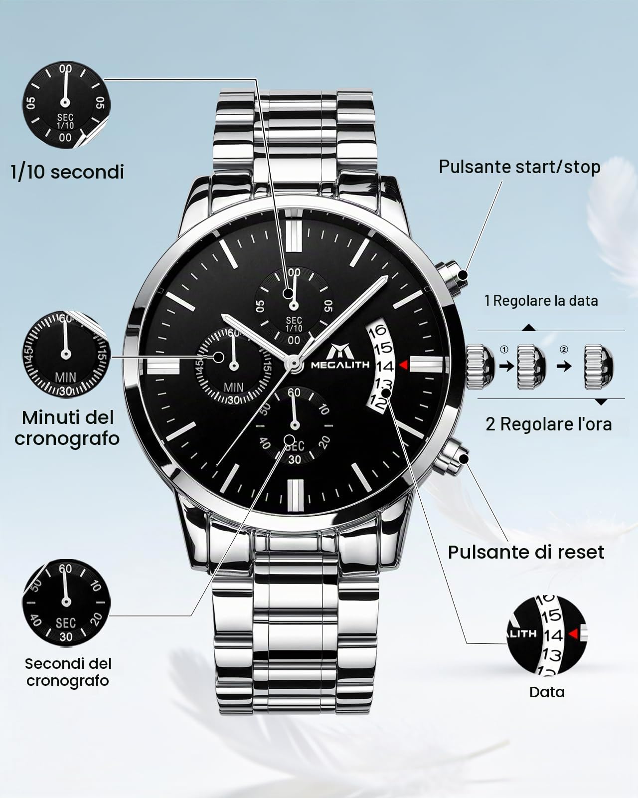 MEGALITH Orologio Uomo Acciaio Cronografo: Impermeabile Orologi da Polso Analogico Luminoso Data - Elegante Regali da Uomo Compleanno e Anniversario per Marito