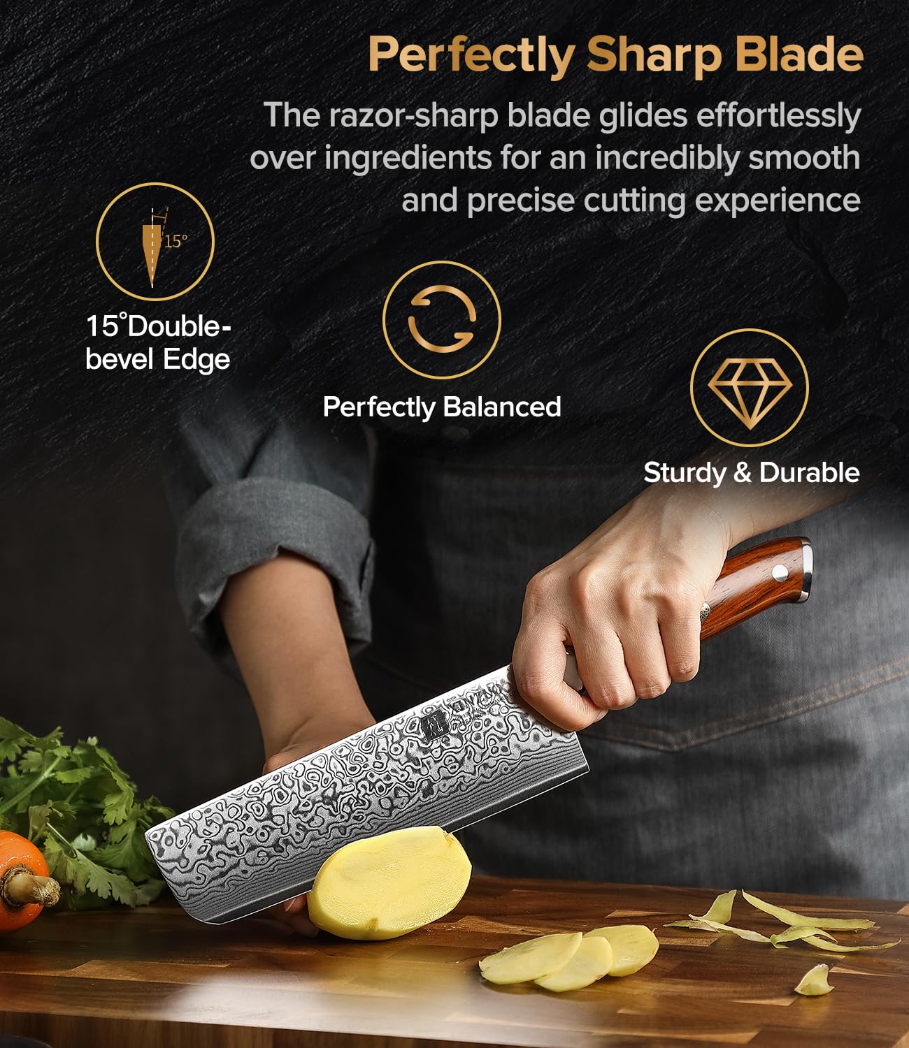 XINZUO 18.5cm Acier Damas Couteau Nakiri, Tranchants Couteaux de Cuisine Acier Damas 67 Couches Couteau de Chef, Convient pour la Viande, les Légumes et les Fruits -Poignée Bois de Rose