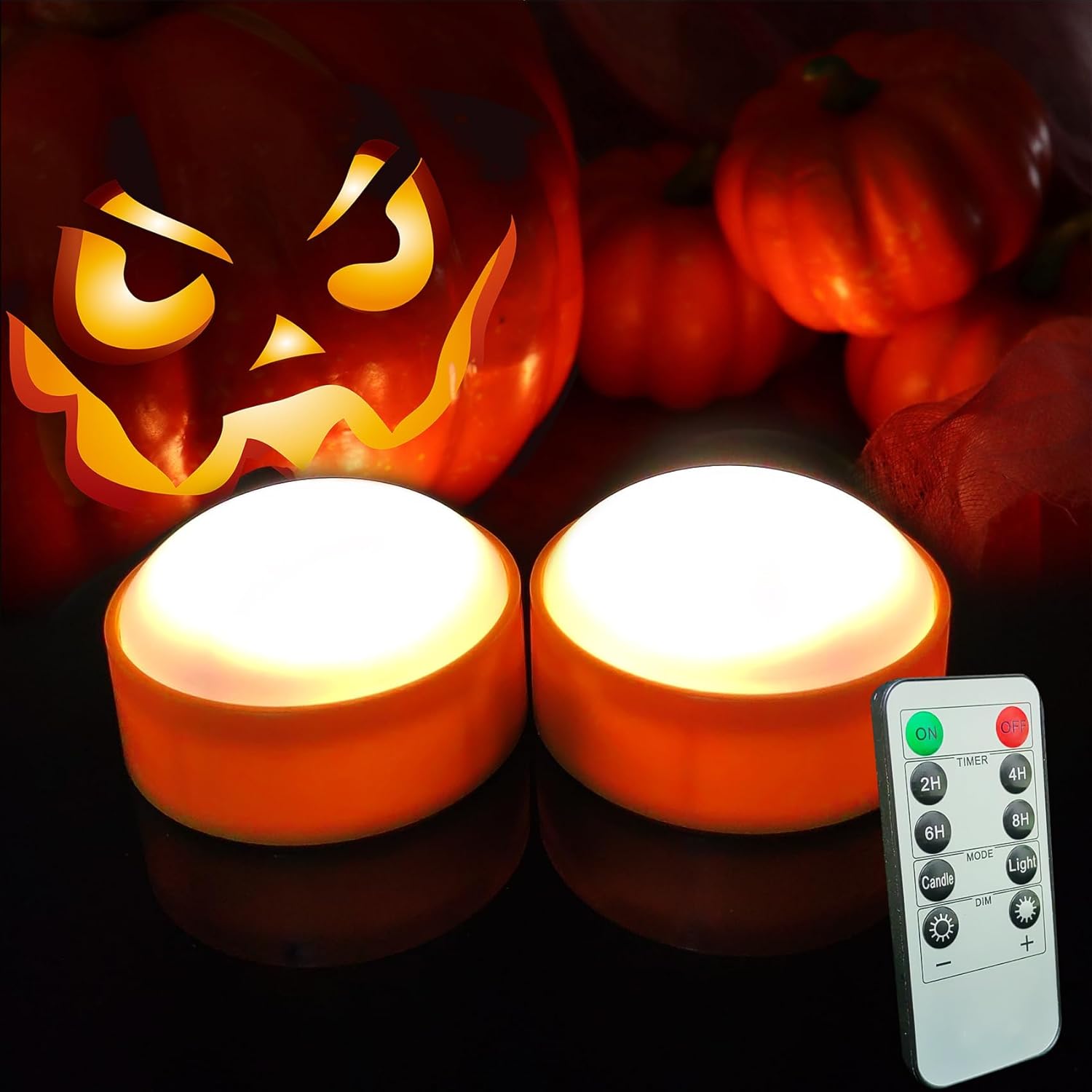 2 Pack Halloween Pumpkin Lights with Remote/Timer Orange Led Battery Operated Flameless Candles Pumpkin Latern Jack-O-Lantern Lights Decor Fall Decorations