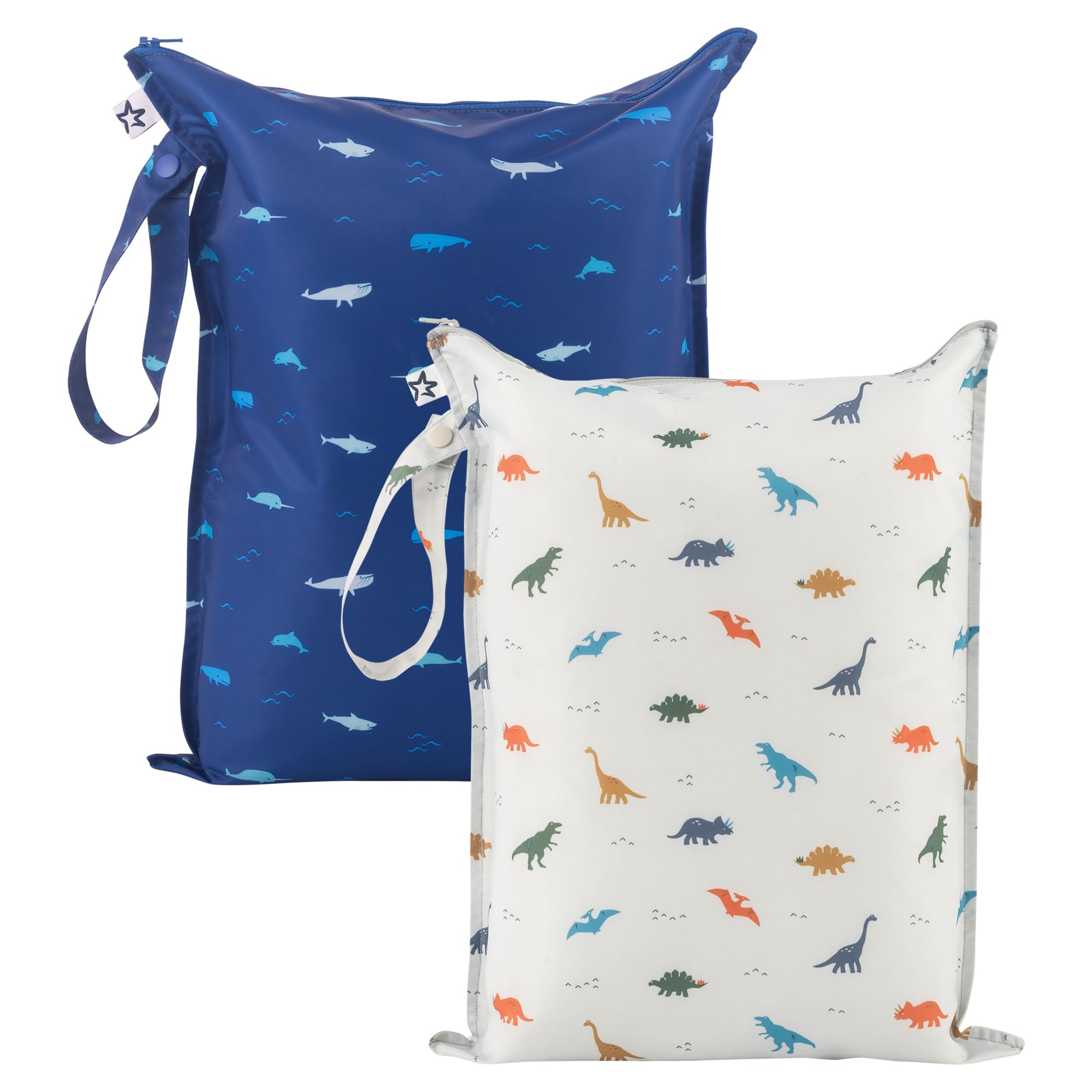 Tiny Twinkle Mess Proof Wet Bags | 2-Pack Reusable Waterproof Wet Bags for Swimsuits | Baby Clothes | Travel & Diaper Bag (Dinosaur, Ocean Life)