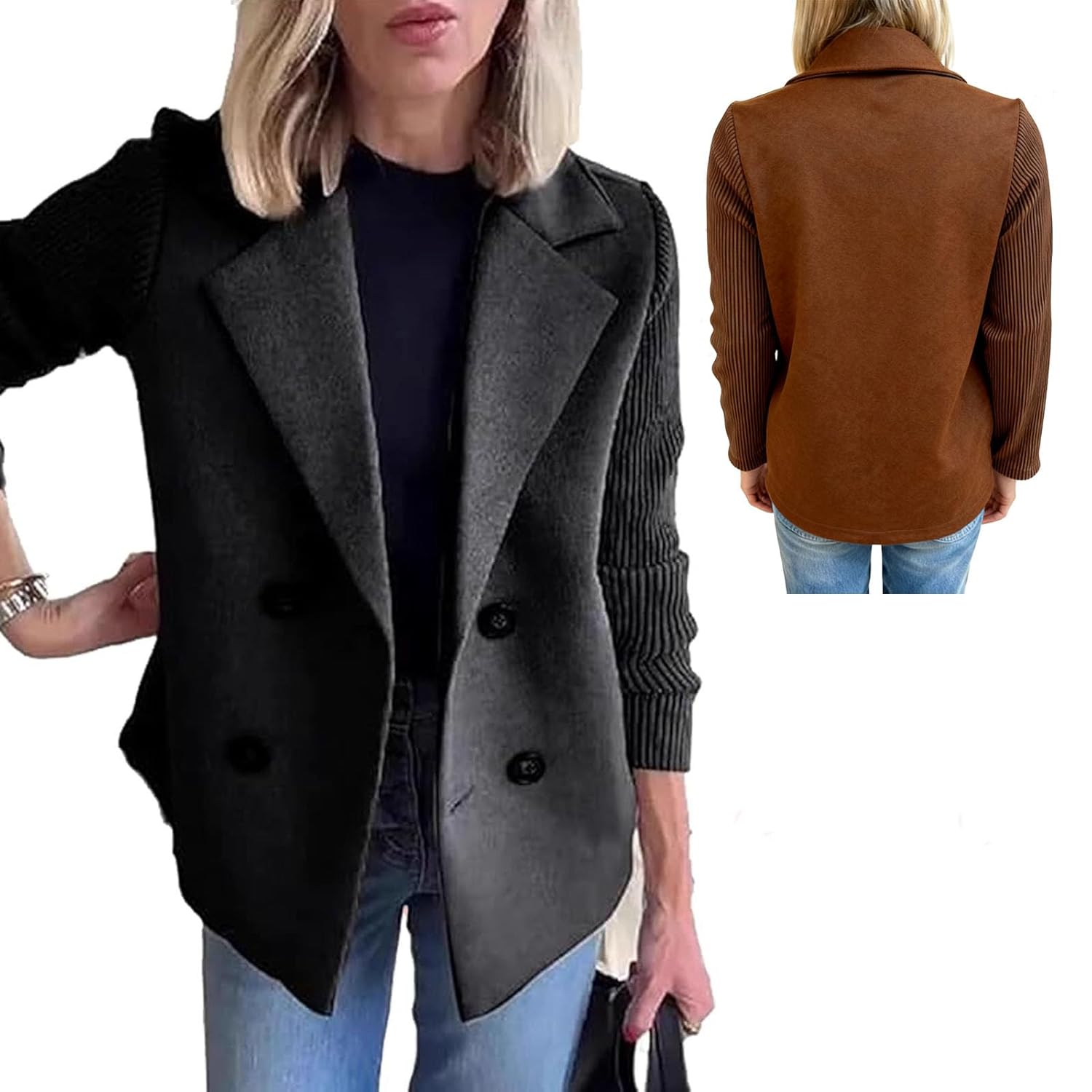 2026 New Sweater Blazer Women Double Breasted Blazer Womens Lapel Button Knitted Patchwork Sleeve Casual Coat