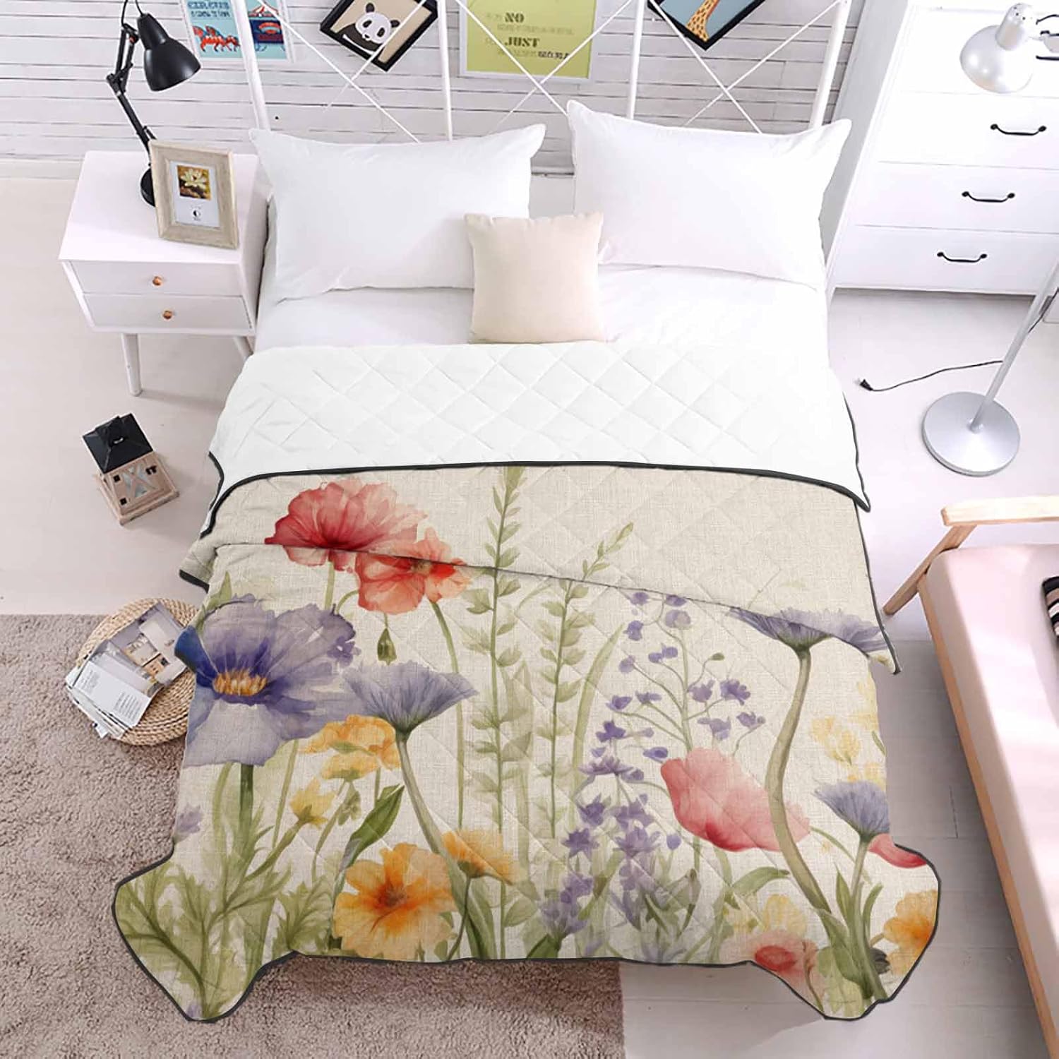 T&H XHome Quilt Queen Size Luxury Quilted Comforter Bedspread-Thin Soft Cozy, Spring Wildflowers Floral Plant Leaves Linen Reversible Stitched Lightweight Quilt Coverlet for All Season