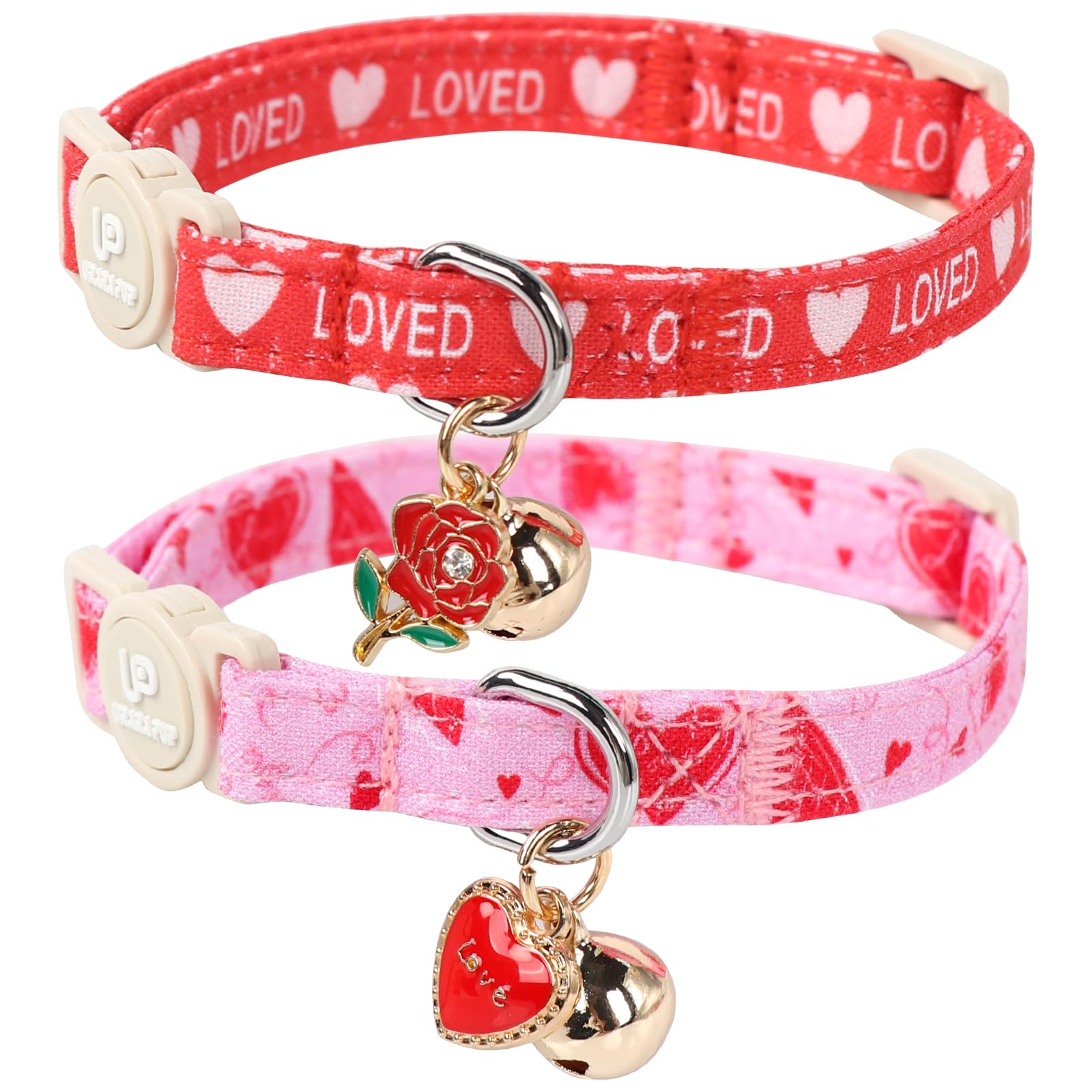 UP URARA PUP Cat Collar, 2 Pack Cat Collars Cute Breakaway Kitty Collar with Bell, Valentine's Day Kitten Collars Pink Hearts with Safety Buckle for