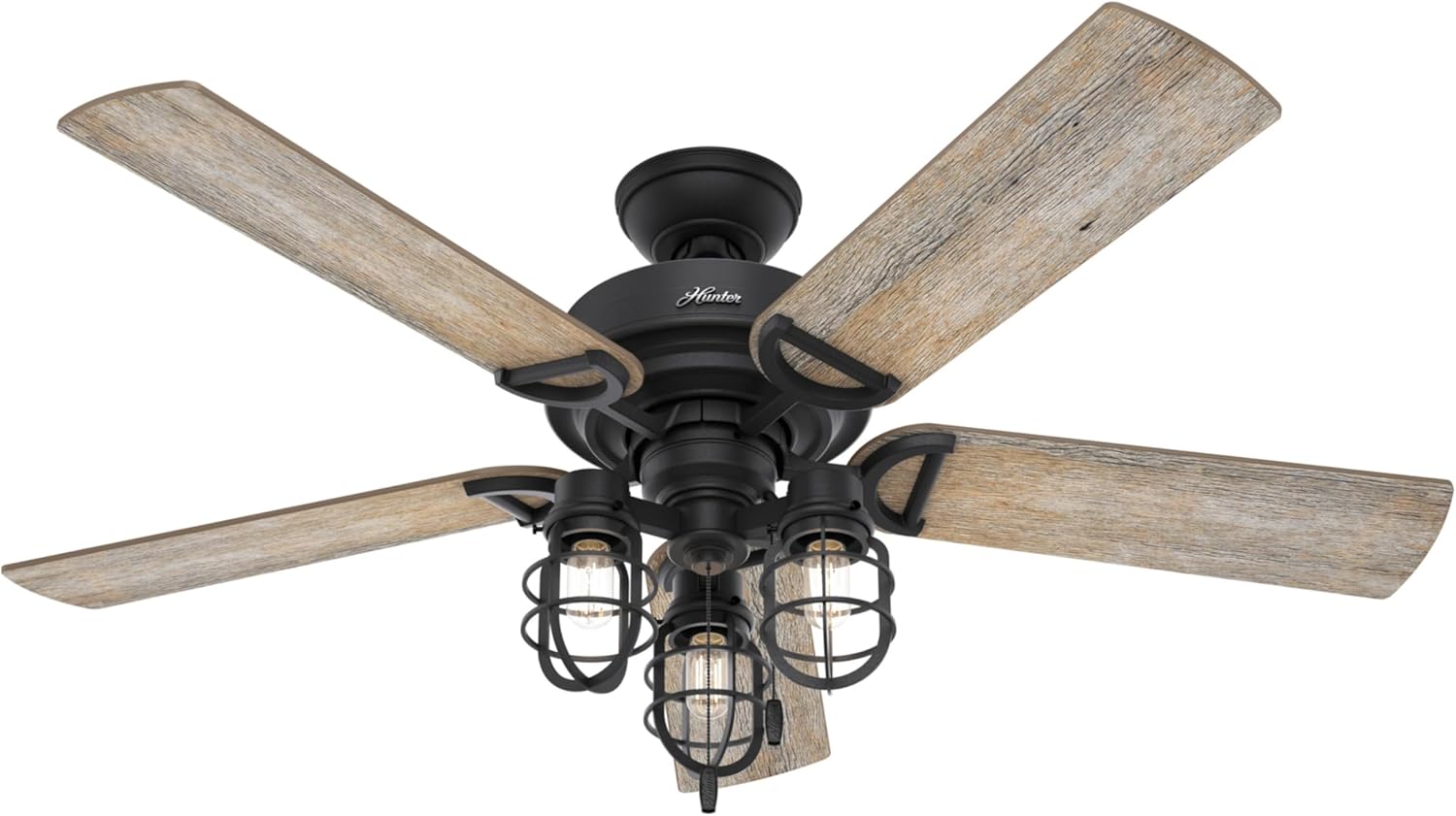 Hunter 52 inch Outdoor or Indoor Ceiling Fan with LED Lights and Pull Chain - Black Ceiling Fan, Standard Mount, 5 Blades, For Patio, Porch, Garage, or Living Room- Starklake 50409, Natural Black Iron