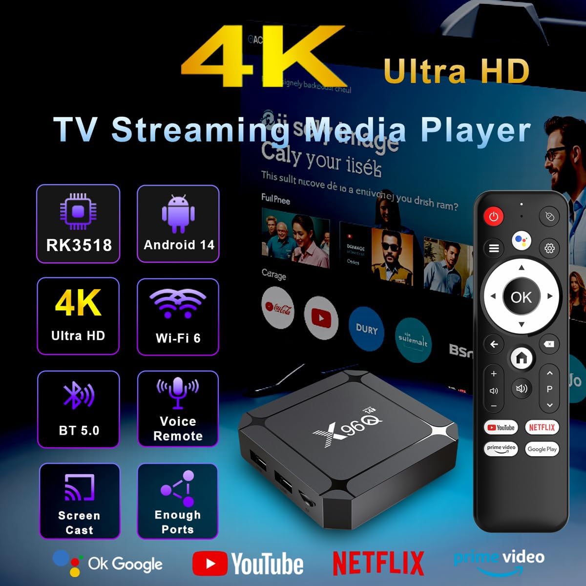 Key features of the LEFFOT Android TV Box including RK3518 chip, Android 14, 4K Ultra HD, Wi-Fi 6, BT 5.0, Voice Remote, Screen Cast, and Enough Ports.