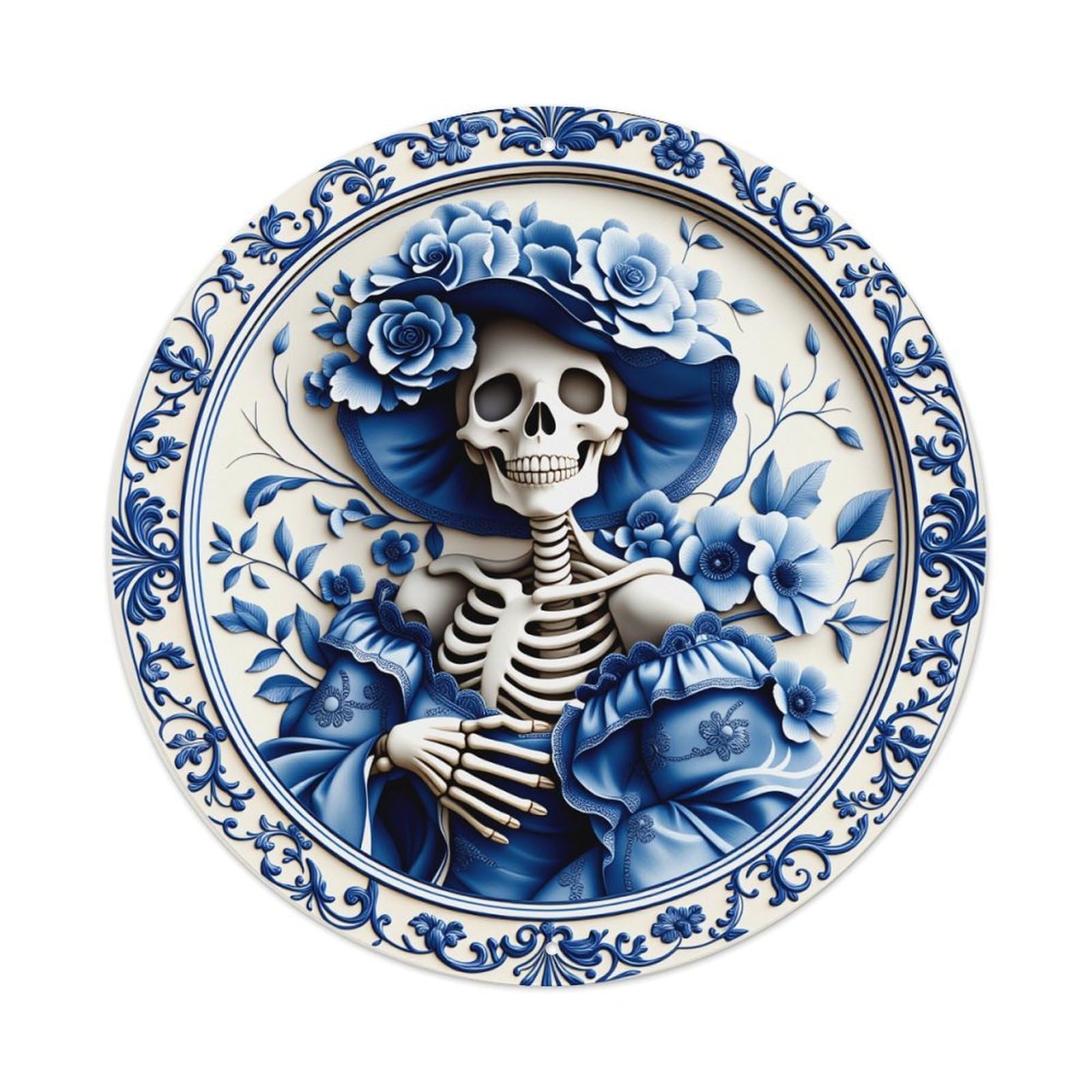 Blue And White Floral Skeleton Design With Hat Metal Tin Sign Plaque
