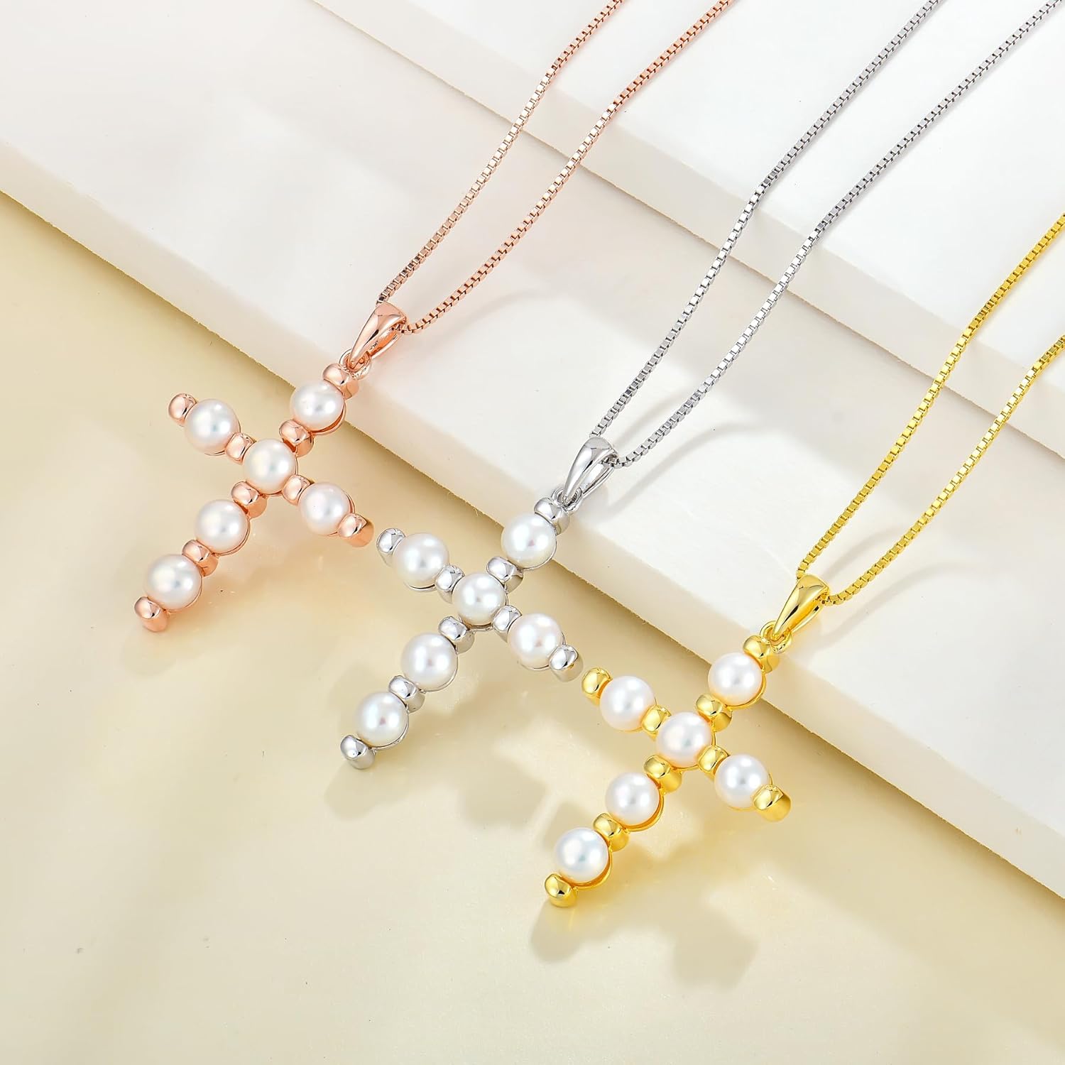 YL Cross Necklace 925 Sterling Silver Halo Freshwater Pearls Pendant Polished Religious Jewelry for Women - Image 5