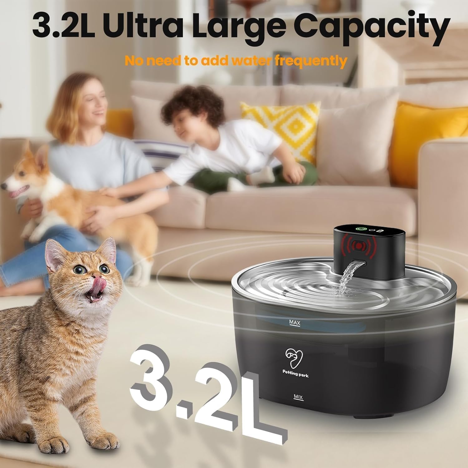 Wireless Cat Water Fountain Stainless Steel,108oz/3.2L Pet Water Fountain Battery Operated with 2 Modes, Ultra Quiet Motion Sensor Cat Water Dispenser (Black, 108 fl.oz/3.2 L)