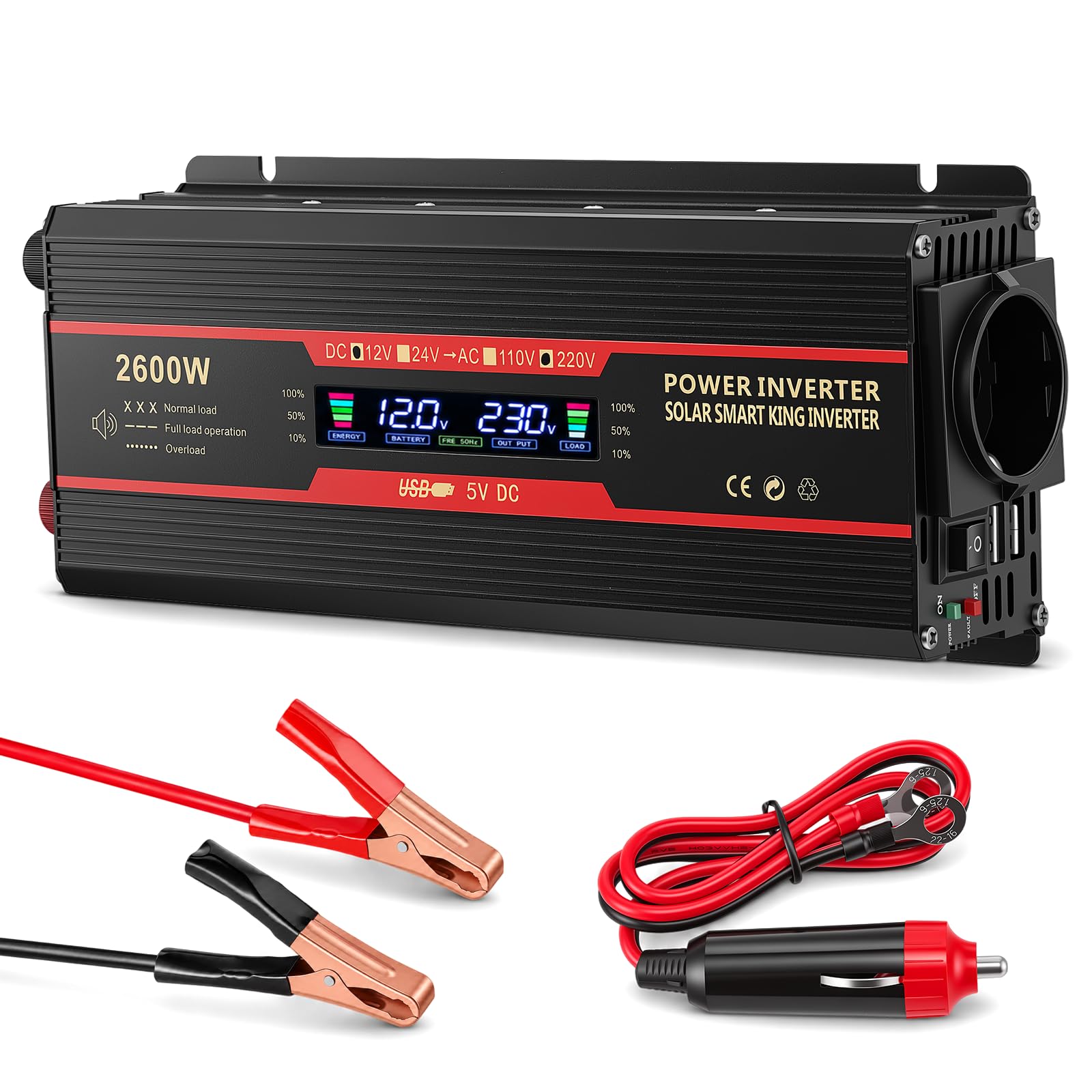 2000W 12V 220V/230V Convertisseur Pur Sinus de Tension Volts Voiture Solaire Power Inverter sinusoïdale DC AC, Onduleur Transformateur avec Allume Cigare Prise Electrique