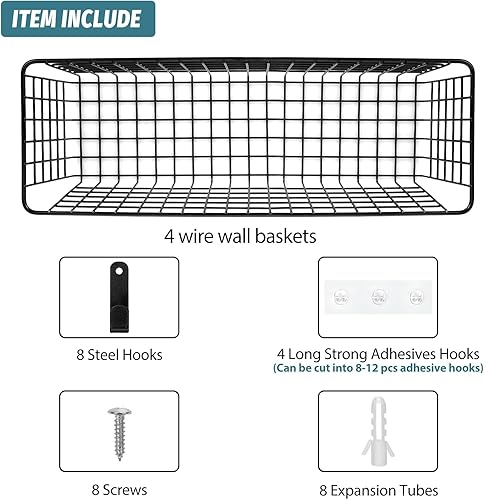 Miniatura 3 de Juego de 4 cestas de almacenamiento colgantes de montaje en pared con ganchos adhesivos y ganchos de acero, canastas organizadoras de metal