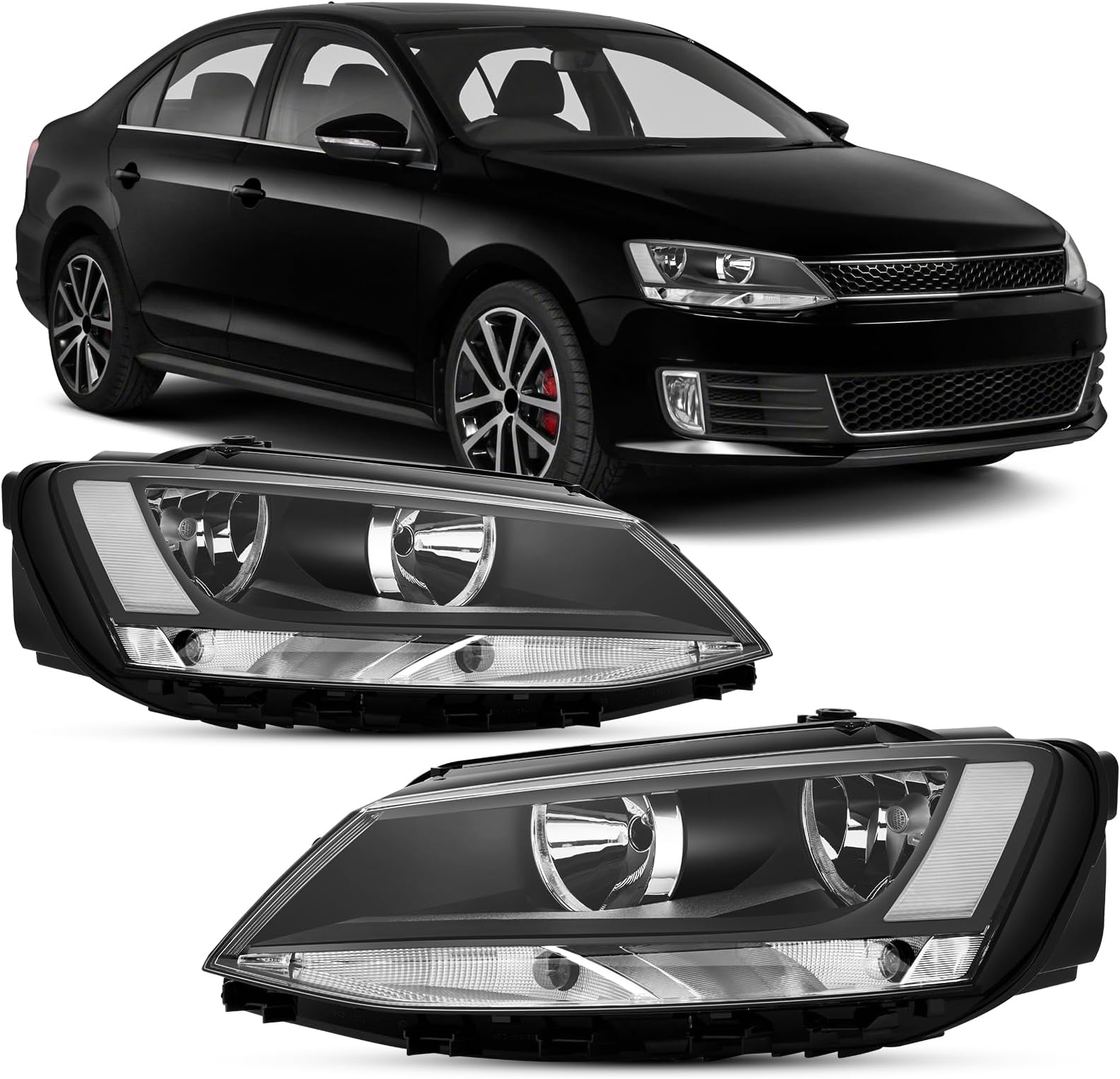 Headlights Assembly Compatible With 2011-2018 VW Jetta MK6 Clear Lens Black Housing Clear Reflector Halogen Headlamp Assembly,1x Pair