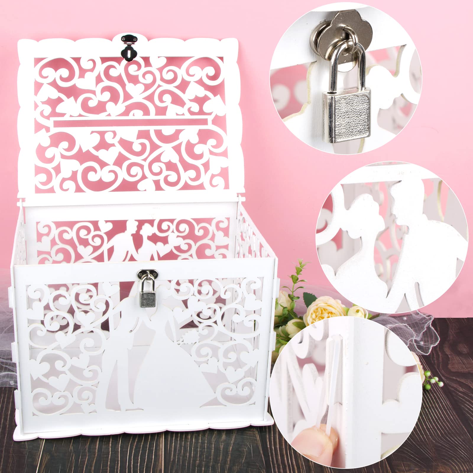 Scatola di Carte di Nozze in Legno Scatola per Cartoline di Nozze con Serratura per Regalo Matrimonio Compleanno Baby Shower Laurea Anniversario Ricevimento