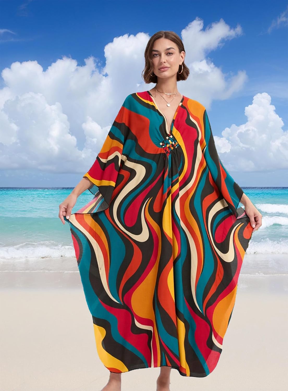 Kaftan Dresses for Women V-Neck Batwing Sleeves Swimsuit Beach Cover Ups Tie Dye Caftan Hawaiian Dress - Image 4