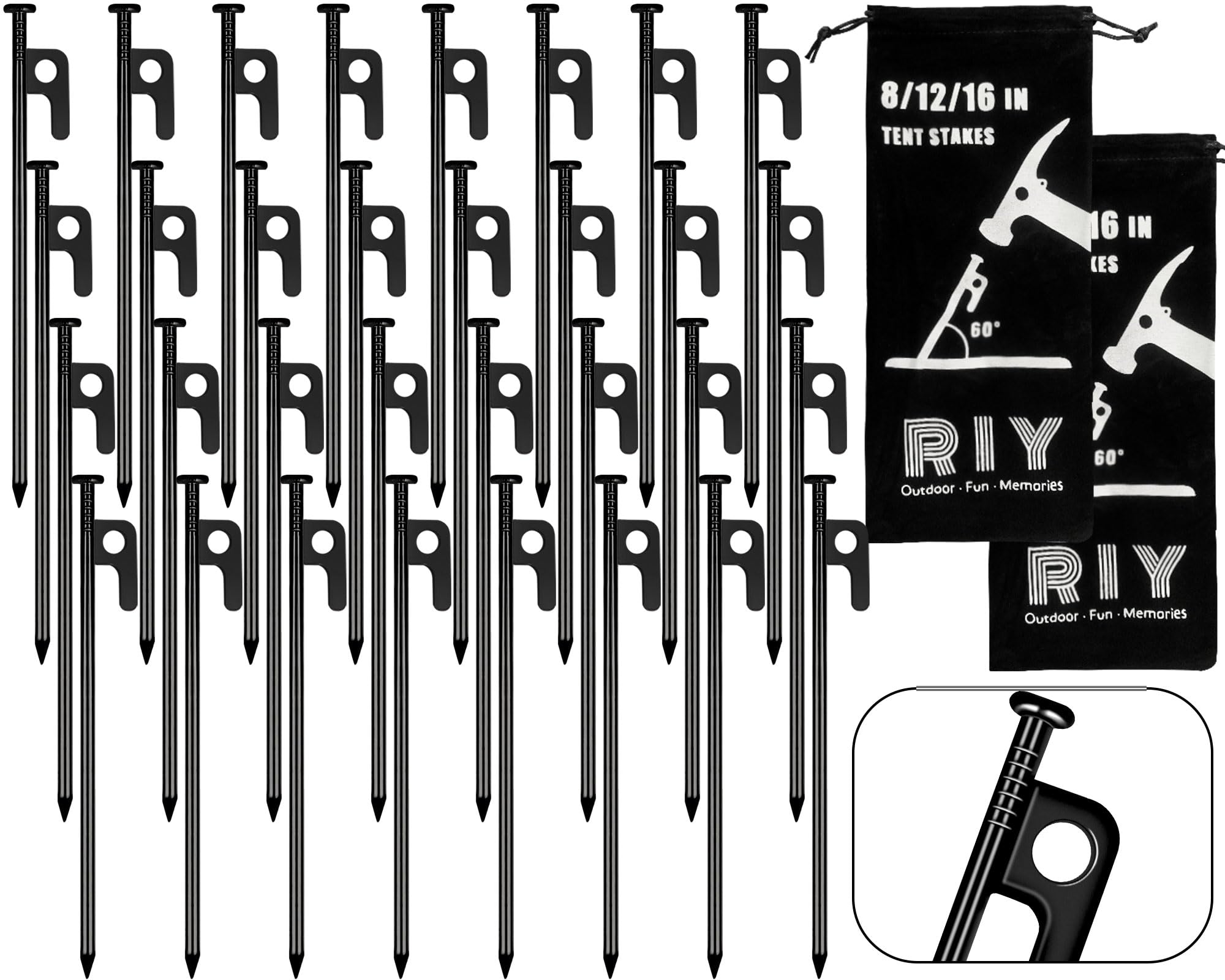 RIY Estacas de metal resistentes de 8 pulgadas para tienda de campaña, estacas de acero inflexibles e irrompibles, 32 piezas