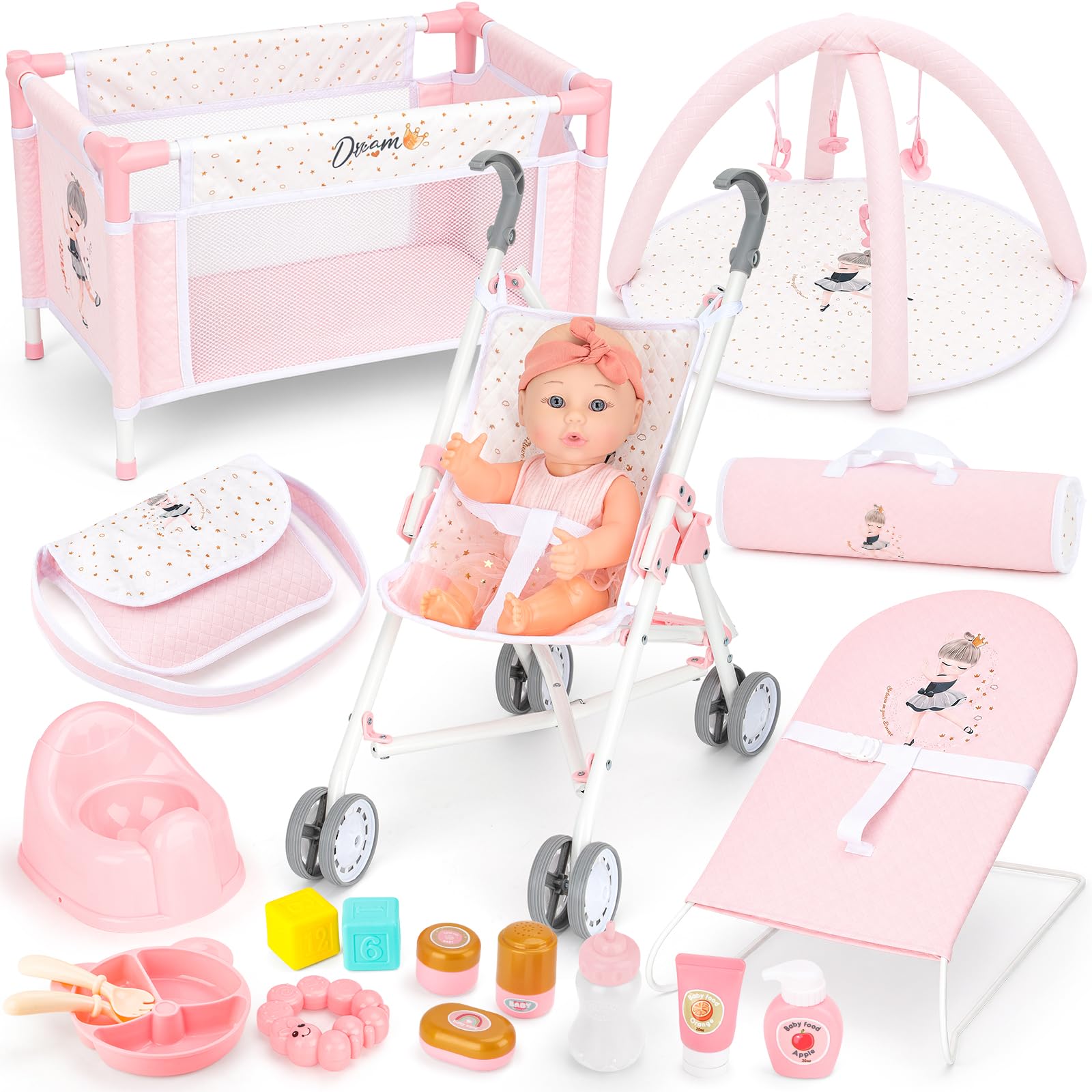 deAO 20 PCS Juego de Muñecas y Accesorios, Regalo para Niñas de 3 Años | Cochecitos, Cuna, Bolsos, 30CM Muñeca de Bebe, Arco de Juegos, Hamaca y Accesorios, Set de Juego con Muñecas de Rol Realista