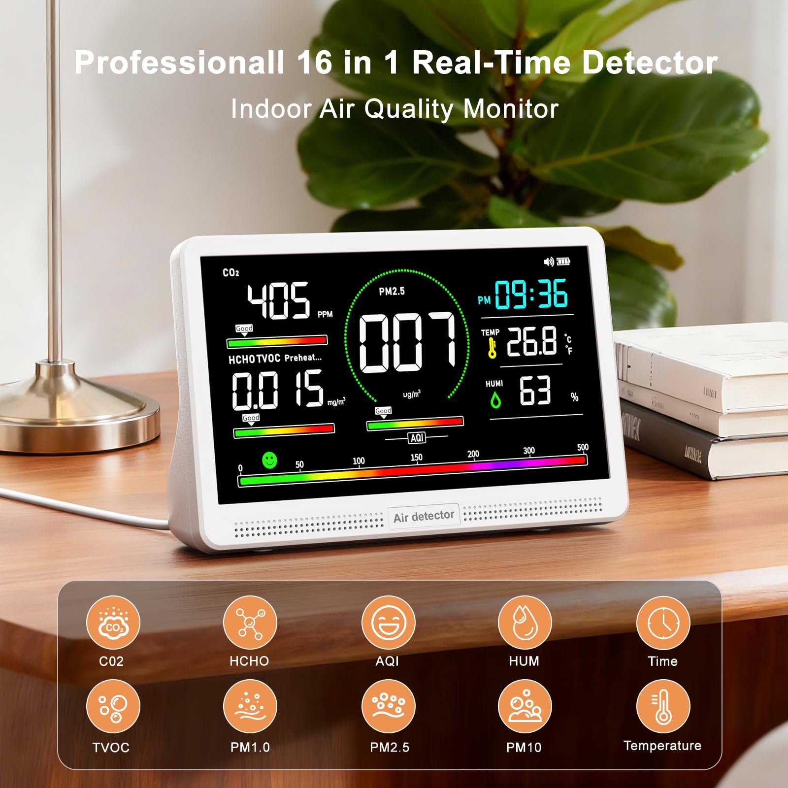 16 in 1 Air Quality Monitor Indoor 7" Display 9 AQI+7 AQI Alerts,Portable Air Quality Tester CO2, TVOC, PM2.5 PM1.0 PM10, HCHO Temperature Humidity Temp & Time Air Quality Meter for Home — Amazon image 2