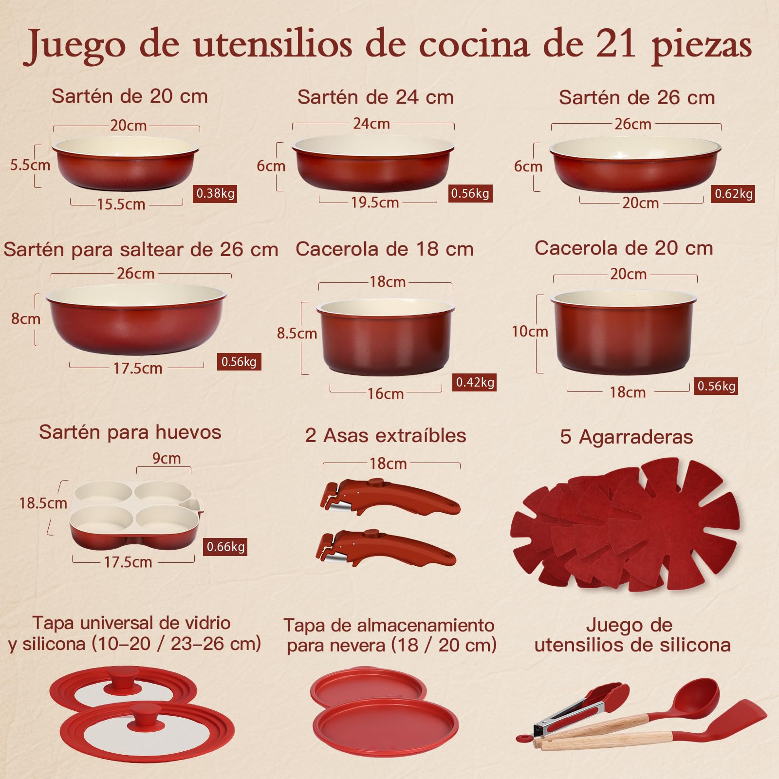 GiPP Juego de Ollas y Sartenes Antiadherentes 21 Piezas, Cacerolas de Cocina Induccion Sin Toxicos, Mango Extraible, Apta para Todo Tipo de Cocinas y Horno, Degradado Rojo