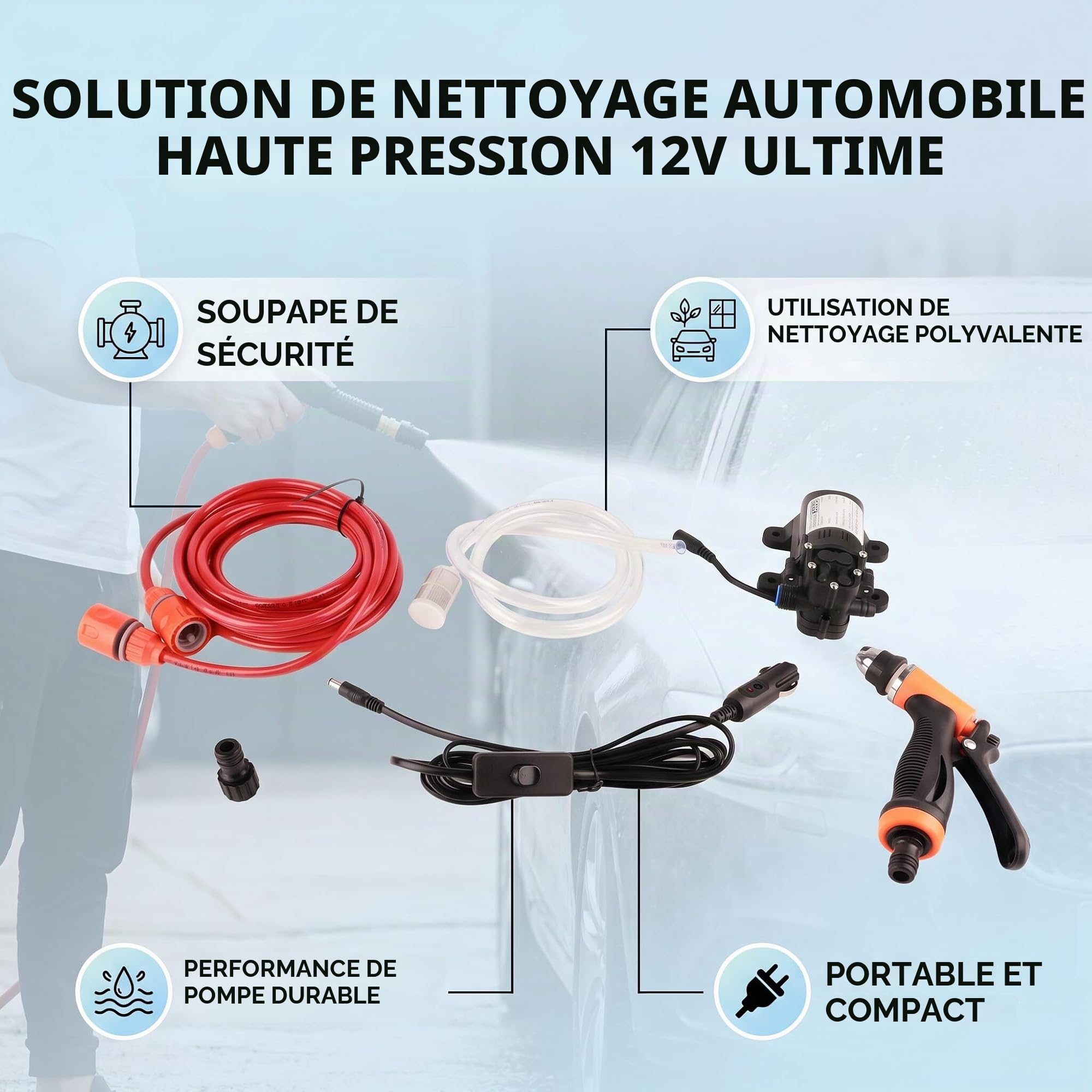 Nettoyeur de Pompe à Eau Haute Pression Portable, Kit de Lavage de Voiture, pulvérisateur de Voiture, Pompe à Eau pour laveuse à Pression 12V 80W Haute Pression 130 PSI