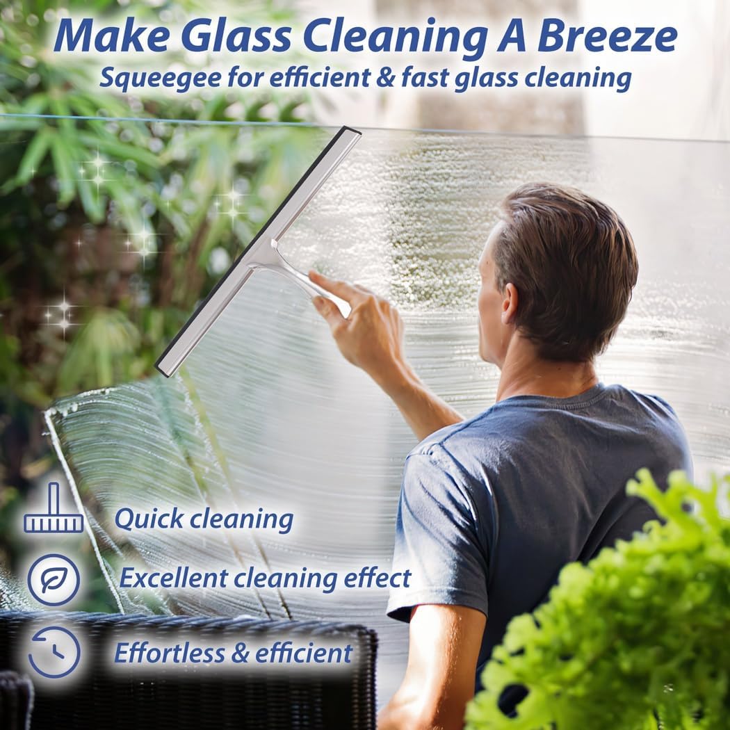 2-Piece Stainless Steel Shower Squeegee Set, 10” & 12”, with Microfiber Cloths and Wall Hooks for Glass Cleaning