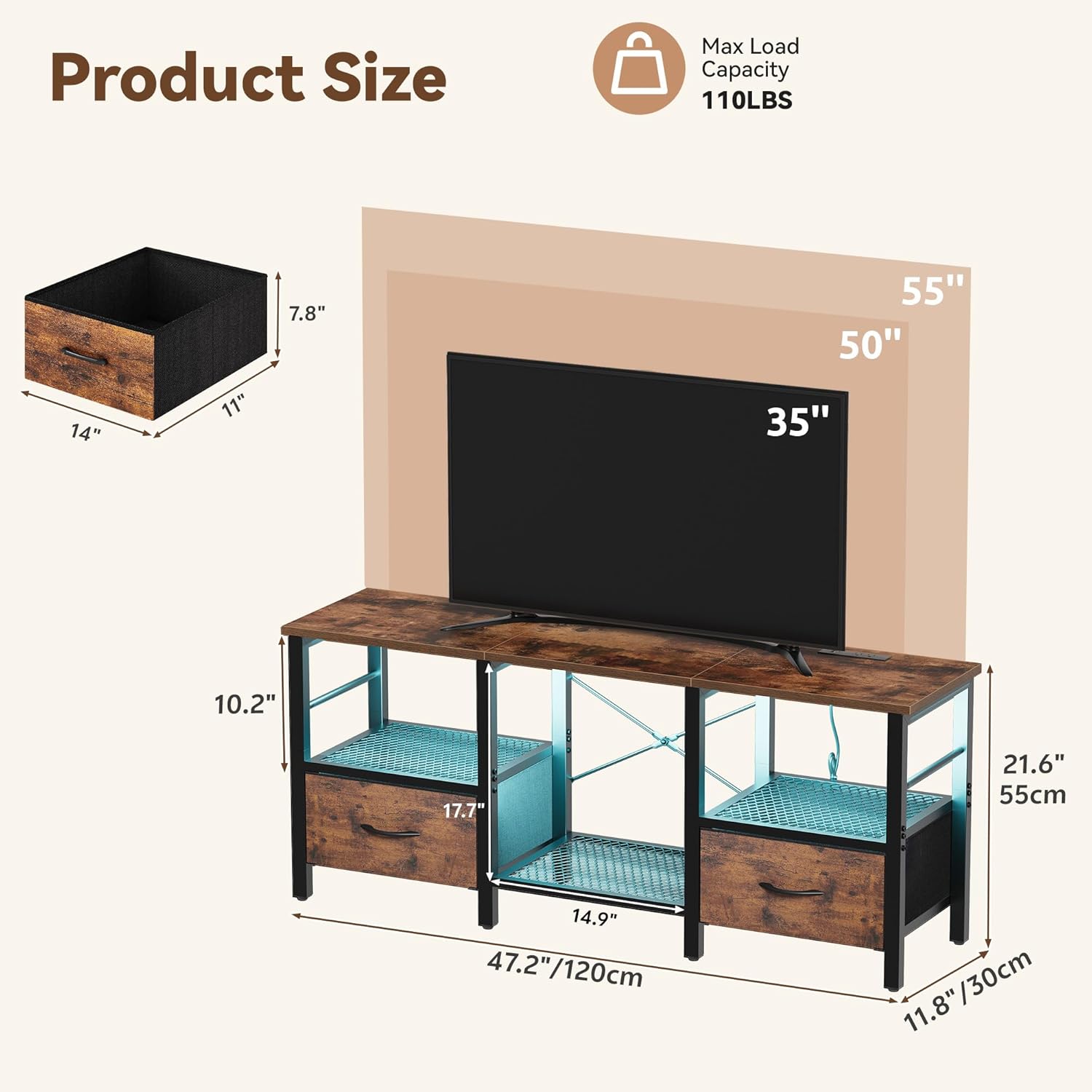 TV Stand for 55 Inch TV, LED Entertainment Center with Fabric Drawers and Power Outlets, Modern Industrial TV Media Console for Living Room, Bedroom Storage Cabinet - 47.2'' Rustic Brown