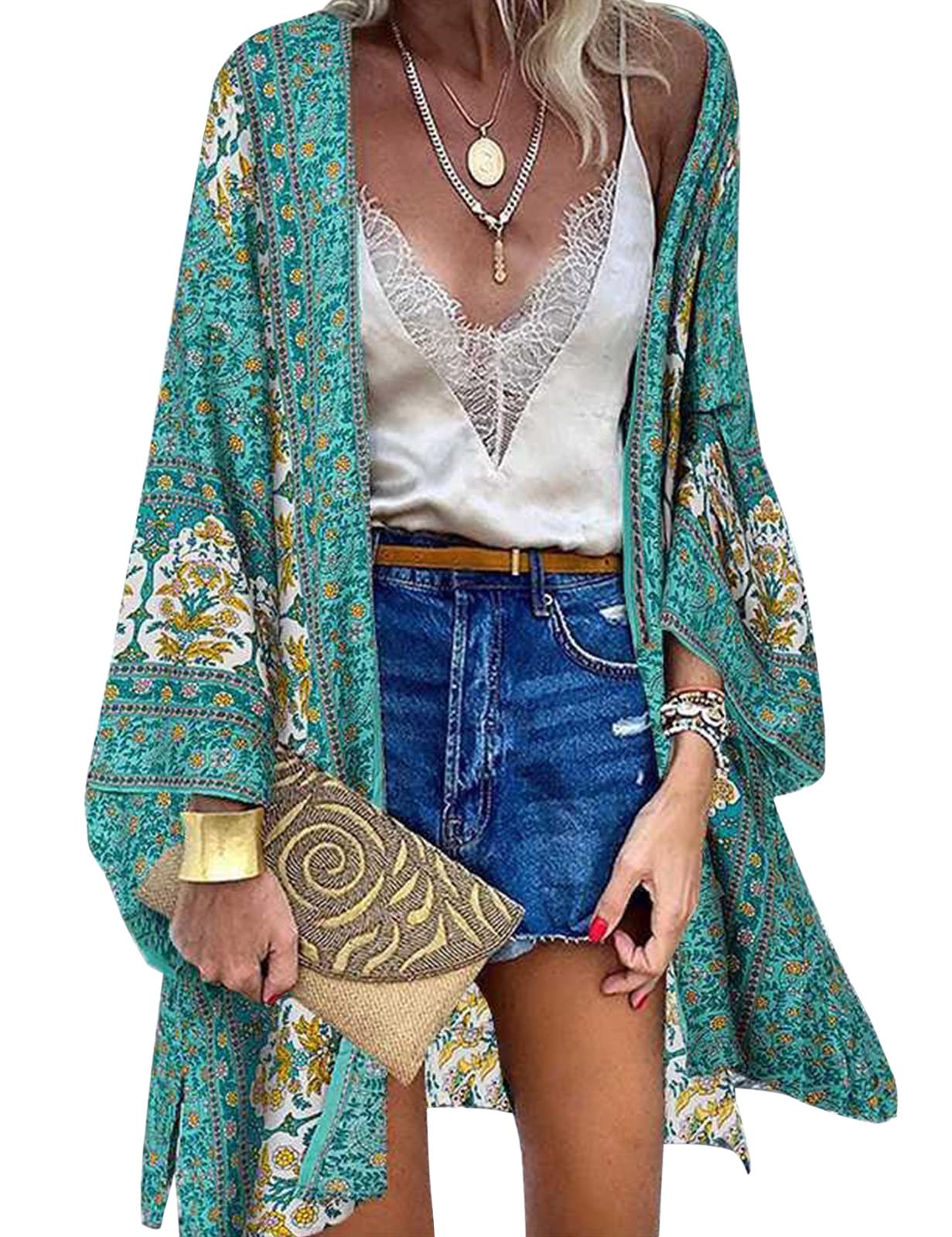 Vancavoo Kimono de Playa para Mujeres Cover Up Floral Cárdigan Bohemia Suelto Verano Blusa Chal Sexy Playa Traje de Baño Camisolas Playa Mujer