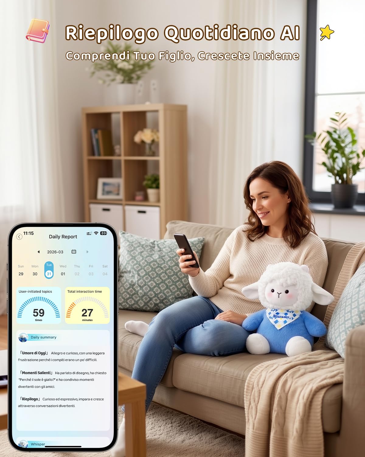 blurams Peluche Interattivo AI, Animali Giocattolo per Bambini 3–8 Anni con Chat Vocale, Controllo tramite App, Memoria e Report Giornaliero, Compagno Educativo ed Emotivo, Idee Regalo Natale 2026