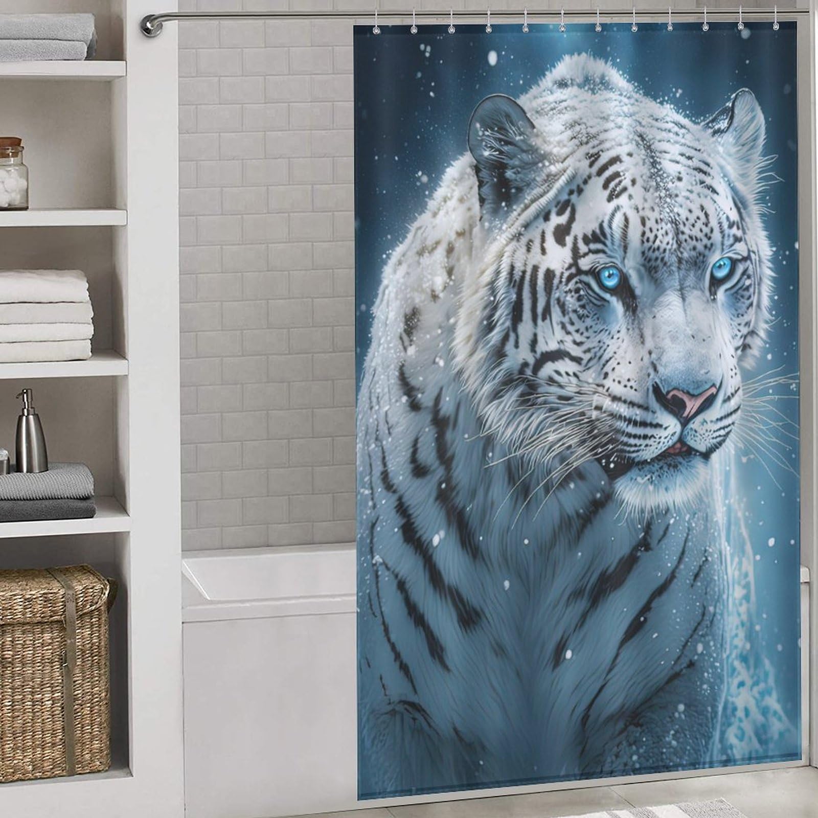 Rideau de douche imperméable tigre blanc lavable en tissu anti-éclaboussures pour la maison