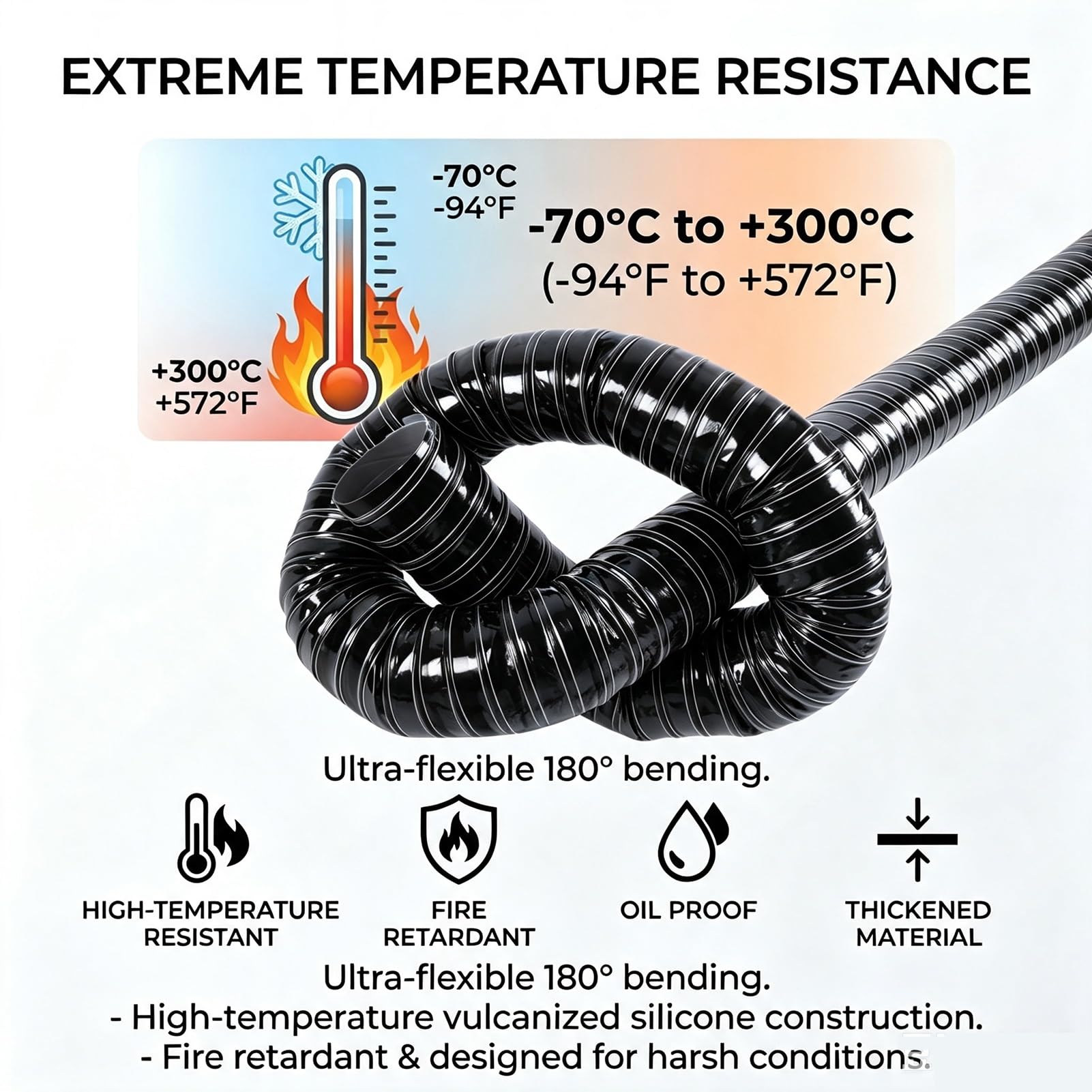 Tubo Flessibile Silicone 200mm Aspirazione Aria E Fumi | Fascette SUS | Fibra Vetro Siliconata | Rinforzo Filo D'acciaio | Rimozione Fumi Efficace(L2m/6.6FT,Id(A)/45mm/17.7in)