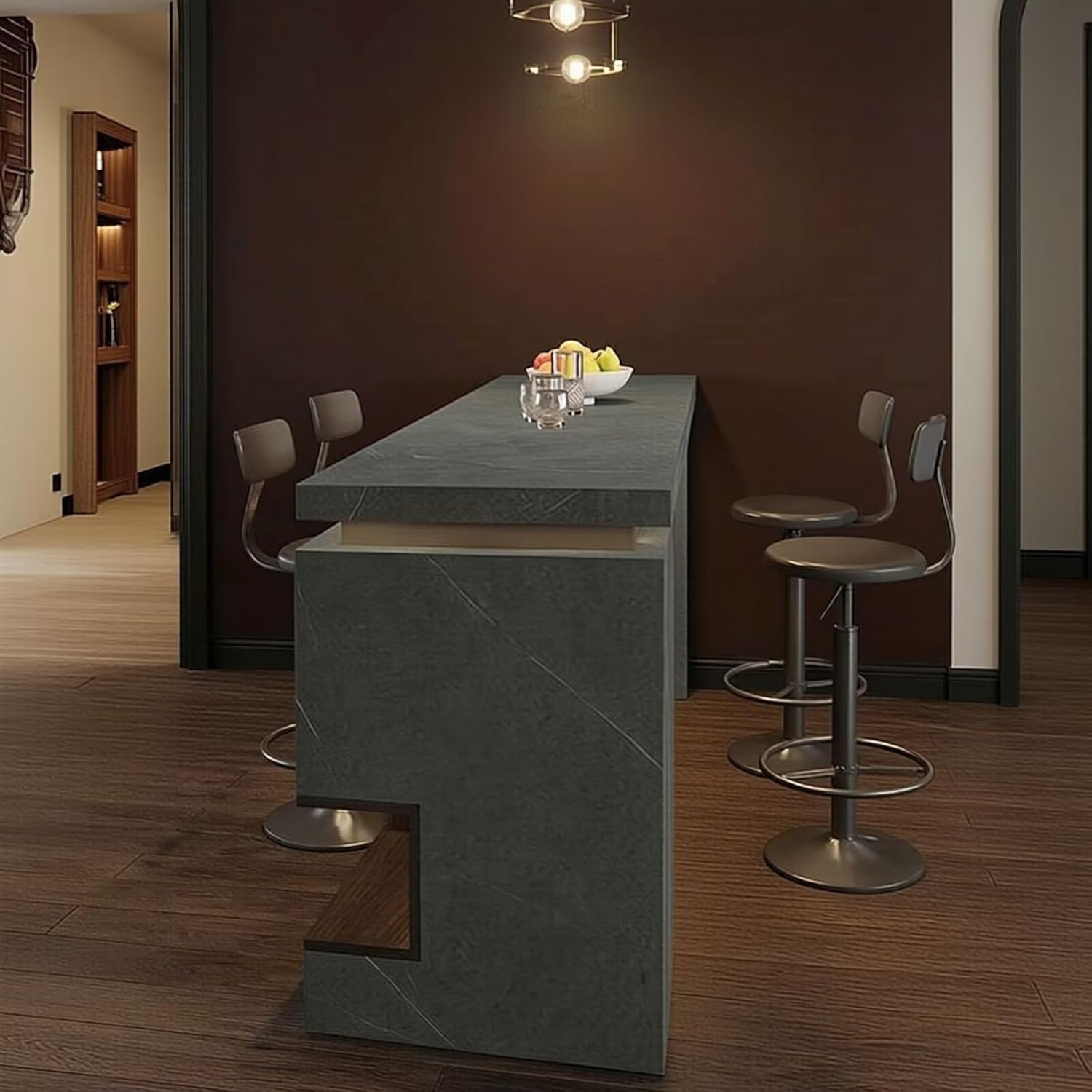 Bar Table - High Top Bar Table with Grey Stone Effect, Modern Living Room Tall Counter Includes Hidden Storage Shelf for Living Room (56IN No Chairs)