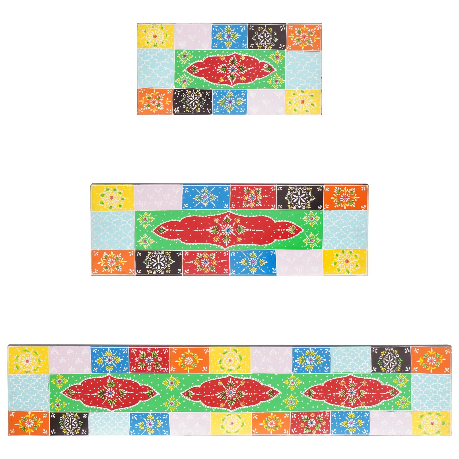 3-teiliges Wandregal Set aus Mangoholz mit Buntem Design 100x20x6 cm Rechteckig für Wohnzimmer Schlafzimmer Deko und Aufbewahrung