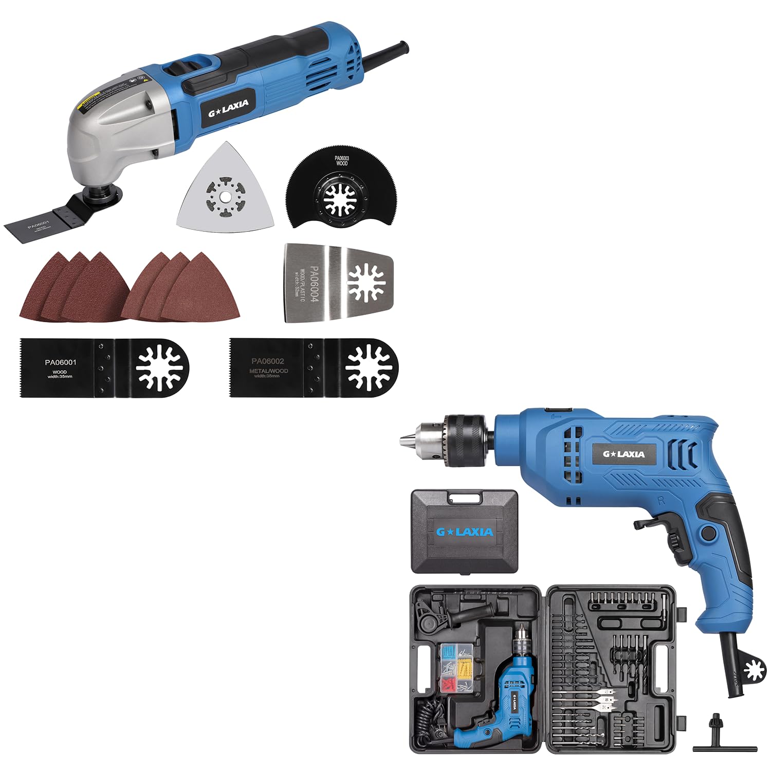 G LAXIA 1.5A Oscillating Multi Tool and 4.5A 1/2 Corded Hammer Kit, 3° Oscillation Angle, 0-3000RPM Variable Speed Trigger with 105pcs Drill Bit Set
