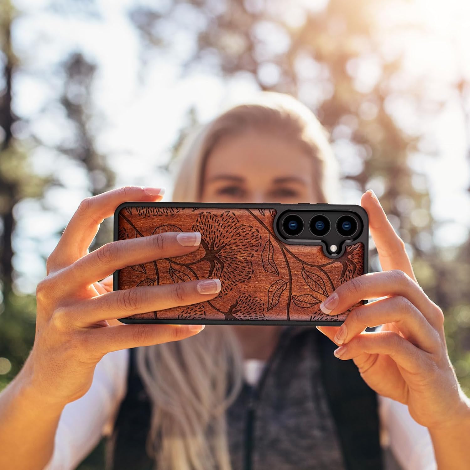 Carveit Wood Case for Galaxy S24 Plus Case [Natural Wood & Black Soft TPU] Shockproof Protective Cover Unique Wooden Design Compatible with S24 Plus (Dotted Floral Bloom-Rosy)