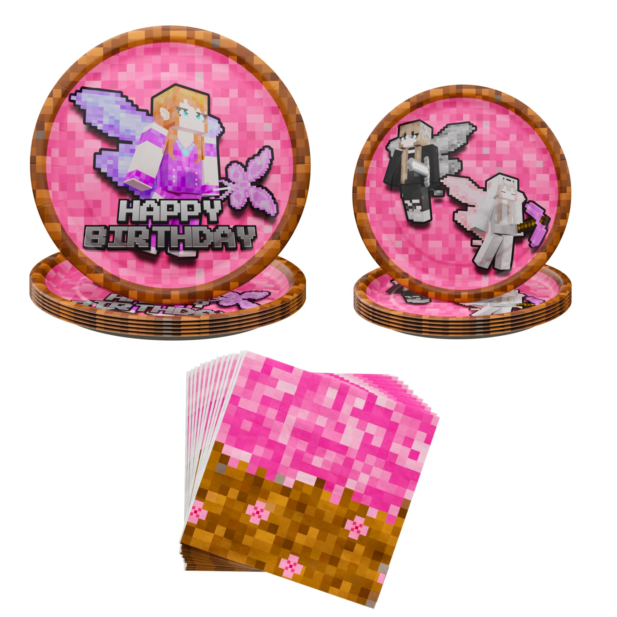 Blue Orchards Pixel Girl Party Plates and Napkins (60 pieces for 20 Guests) - Girl Party Supplies, Video Game Birthday Decorations for girls, Mining