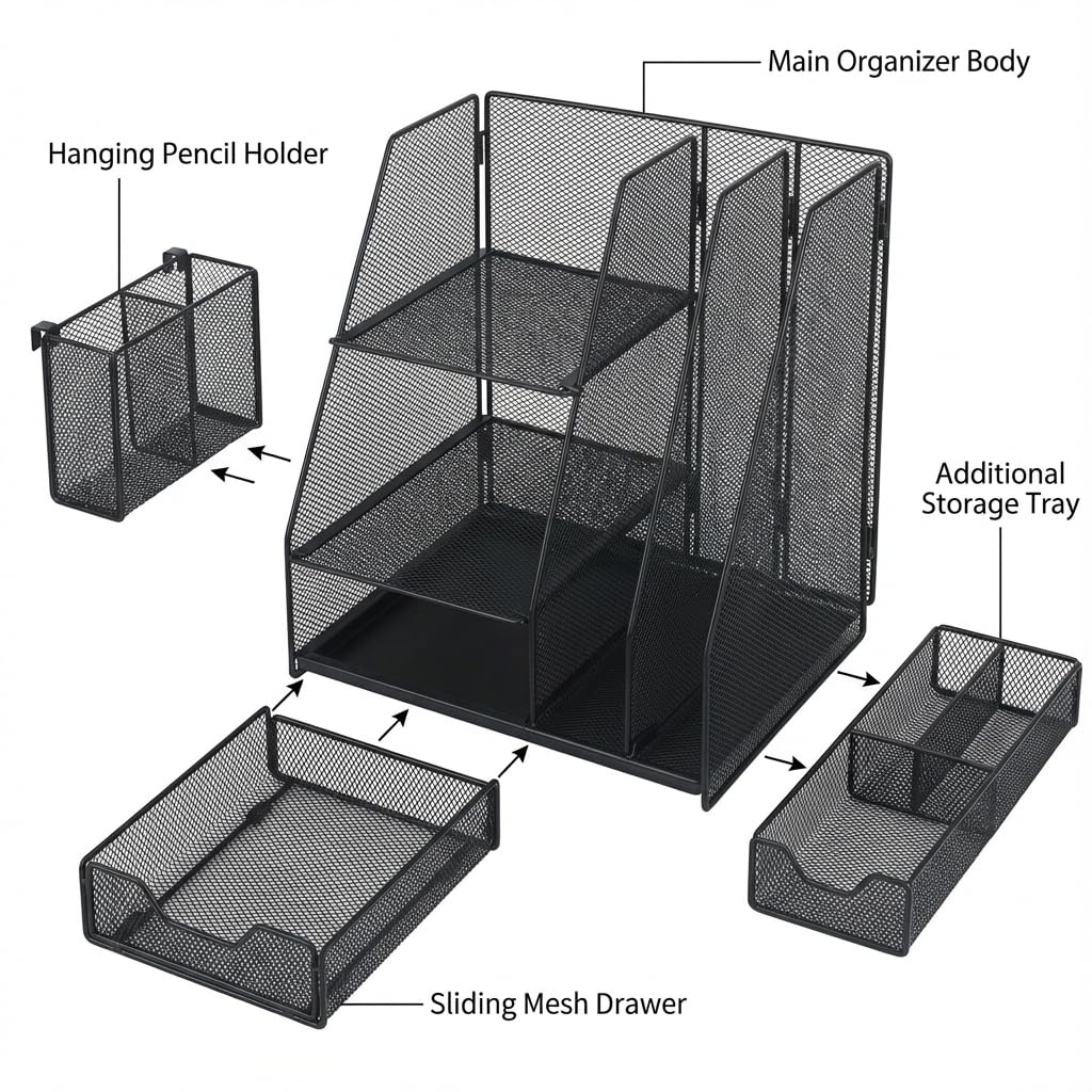 Organiseur de bureau Yungeln, Noir - Multifonctionnel & Pliable avec 2 tiroirs, porte-stylos, pour bureau & home office, porte-dossiers & rangement de documents