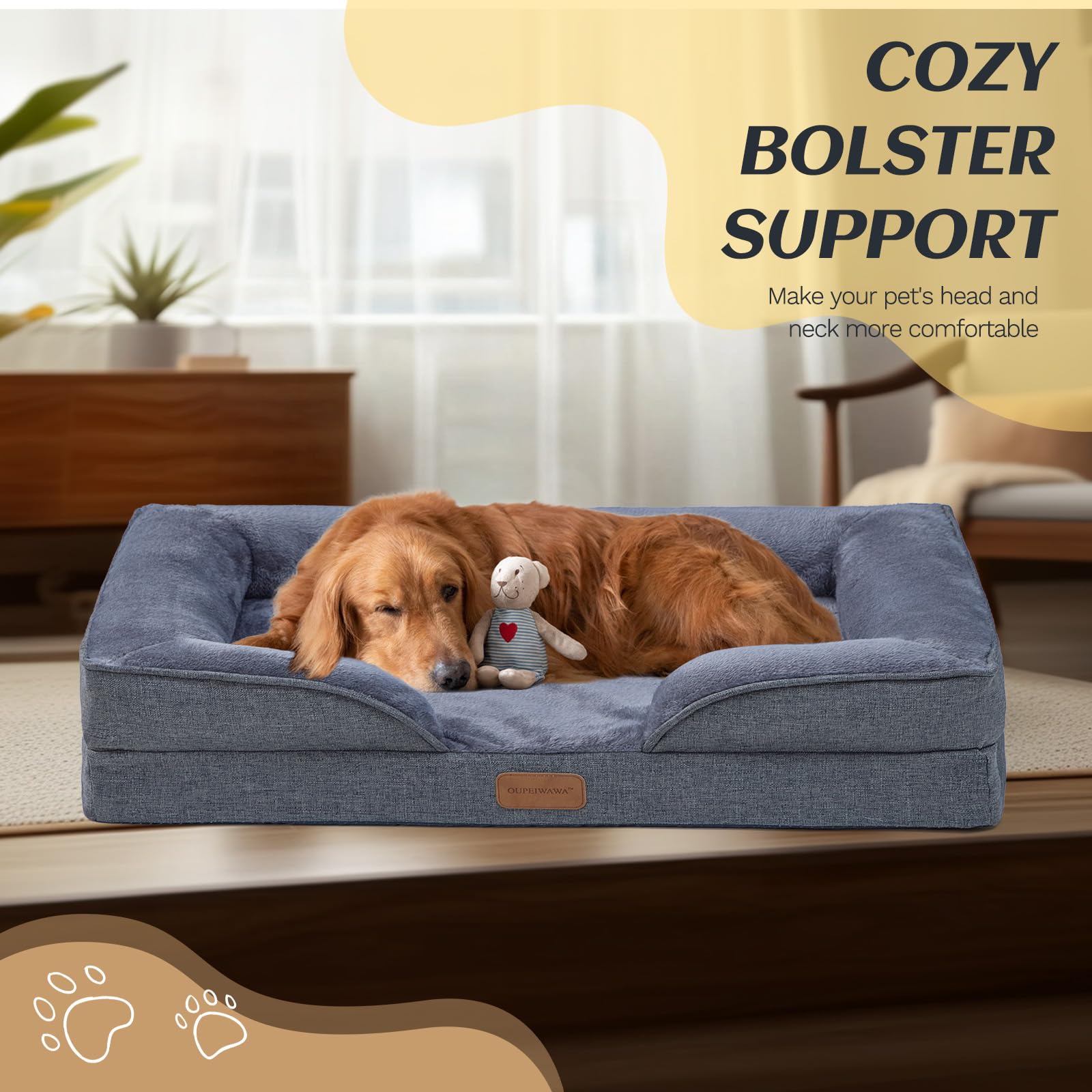 OUPEIWAWA Large Dog Bed Orthopedic with Bolster Sides Removable Egg-Crate Foam Waterproof Liner Pet Bed Sofa Couch with Removable Washable Cover Non-Slip Bottom, Dark Gray - image 5