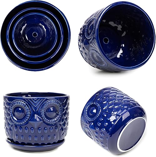 Miniatura 10 de Nattol Macetas de cerámica con platillos, modernas macetas redondas de cerámica con textura de rayas blancas, tamaño pequeño a mediano, juego de 3