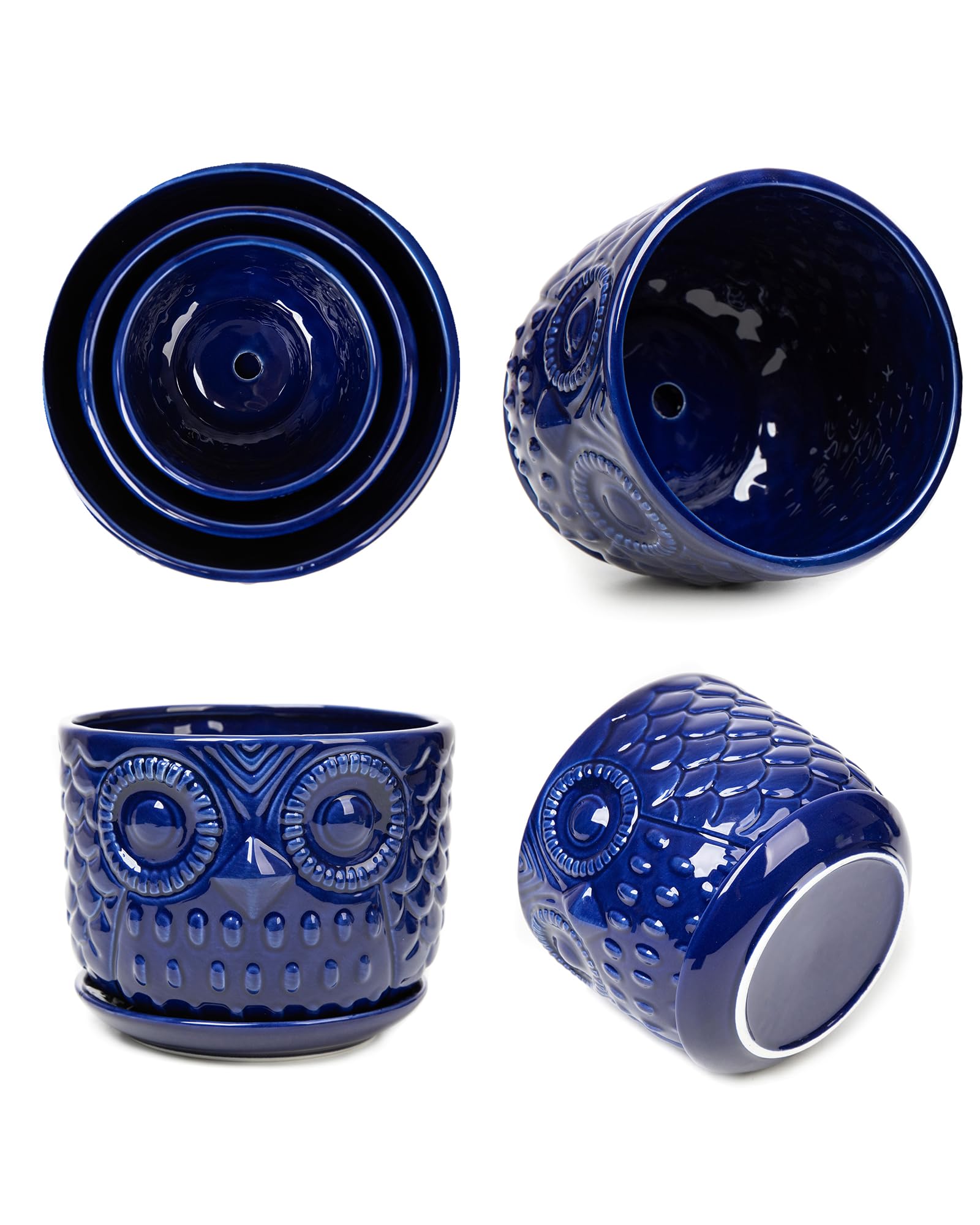 Vasi da fiori in ceramica, fioriere in ceramica con foro di drenaggio e sottovaso, moderne fioriere rotonde per piante grasse da interni con design a gufo, di piccole e medie dimensioni, set da