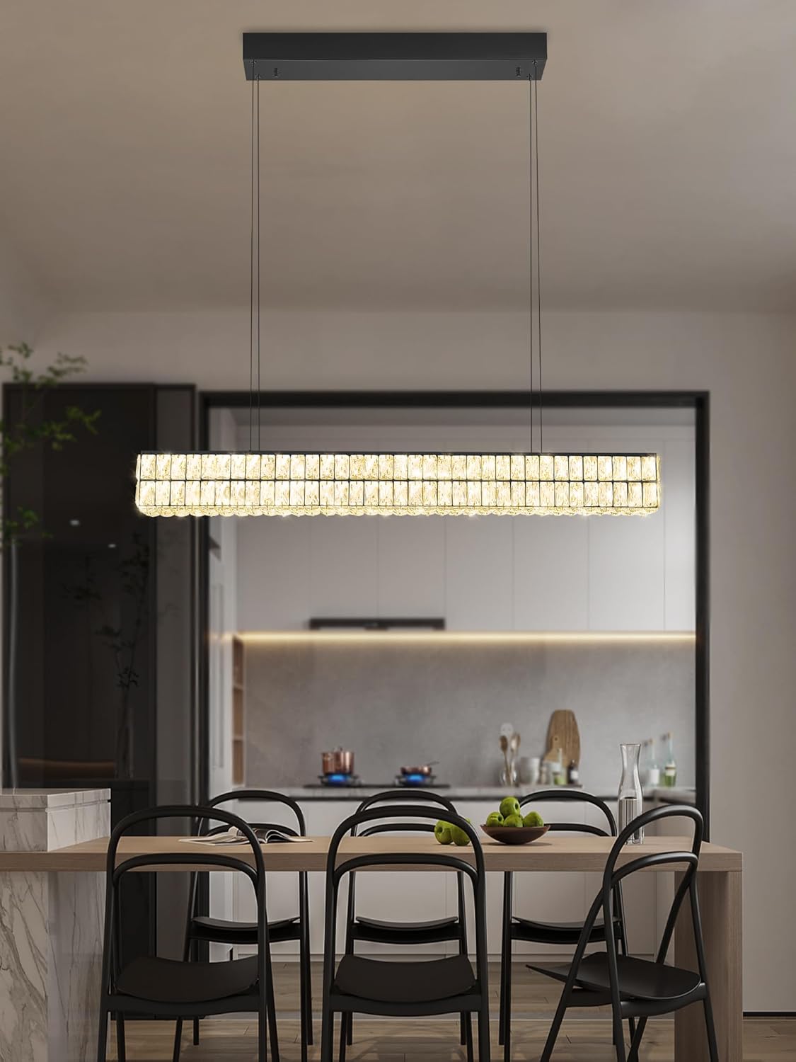 Dimmable Led Ring Chandelier for Dining Room, Modern Rectangle Crystal Pendant Lighting Kitchen Island,40in Black Linear Chandelier Hanging Light Over Table