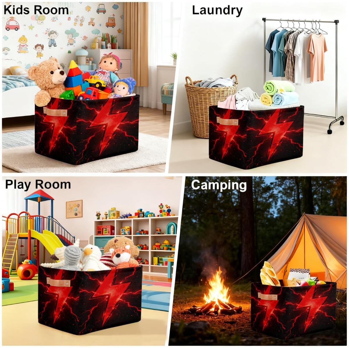 Rectangular Nursery Baby Basket, Collapsible Kids Toy Clothes Storage Bin Organizer Gift Baskets for Bookshelf Playroom Bedroom Decor(1Pcs, Red Lightning) image 5