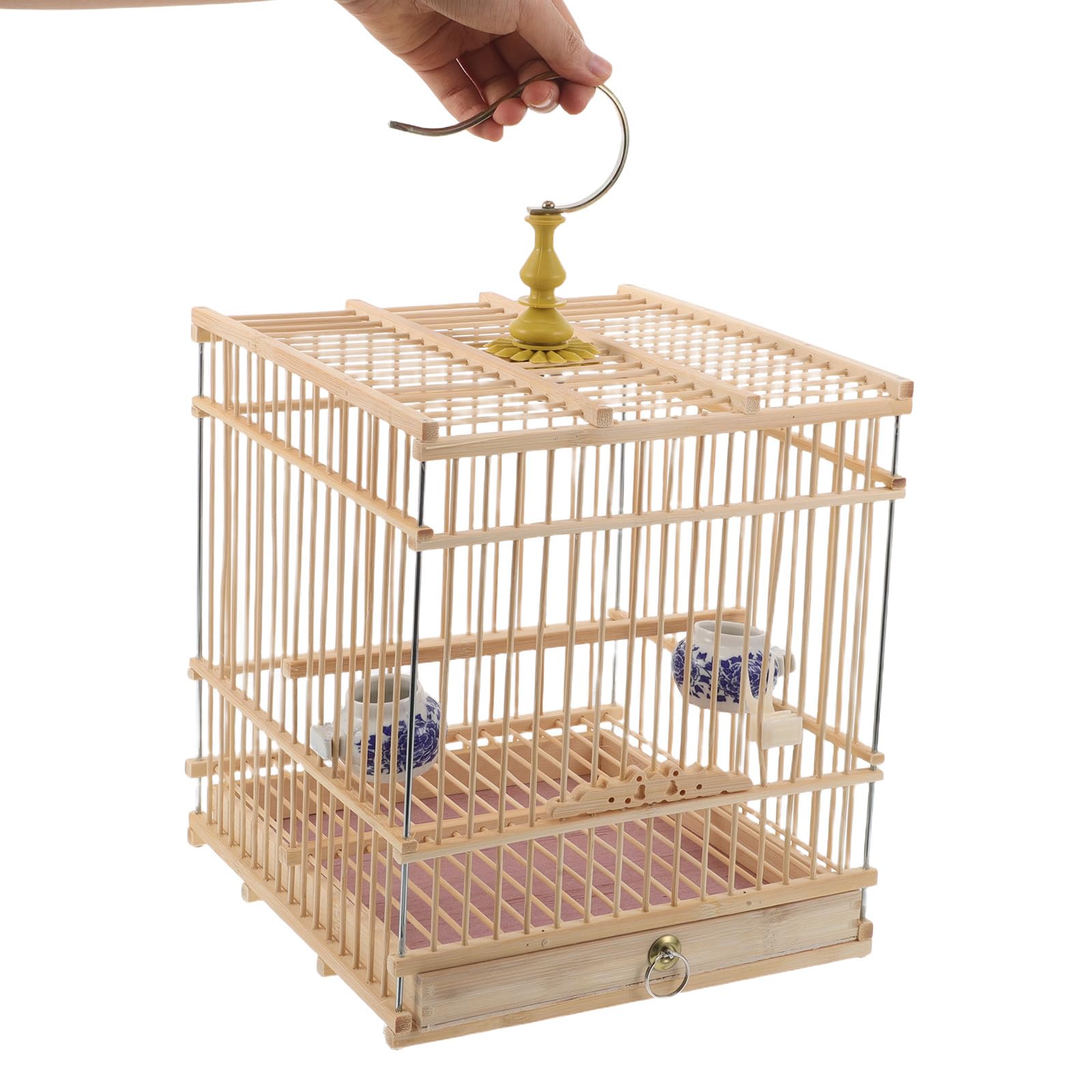 STOBAZA Jaula para Periquitos y Pájaros Pequeños Rectangular con Diseño Vintage Elegante, Cierre Fácil de Usar, Hábitat Natural en Bambú y Metal, Adecuado para Interiores y Balcones