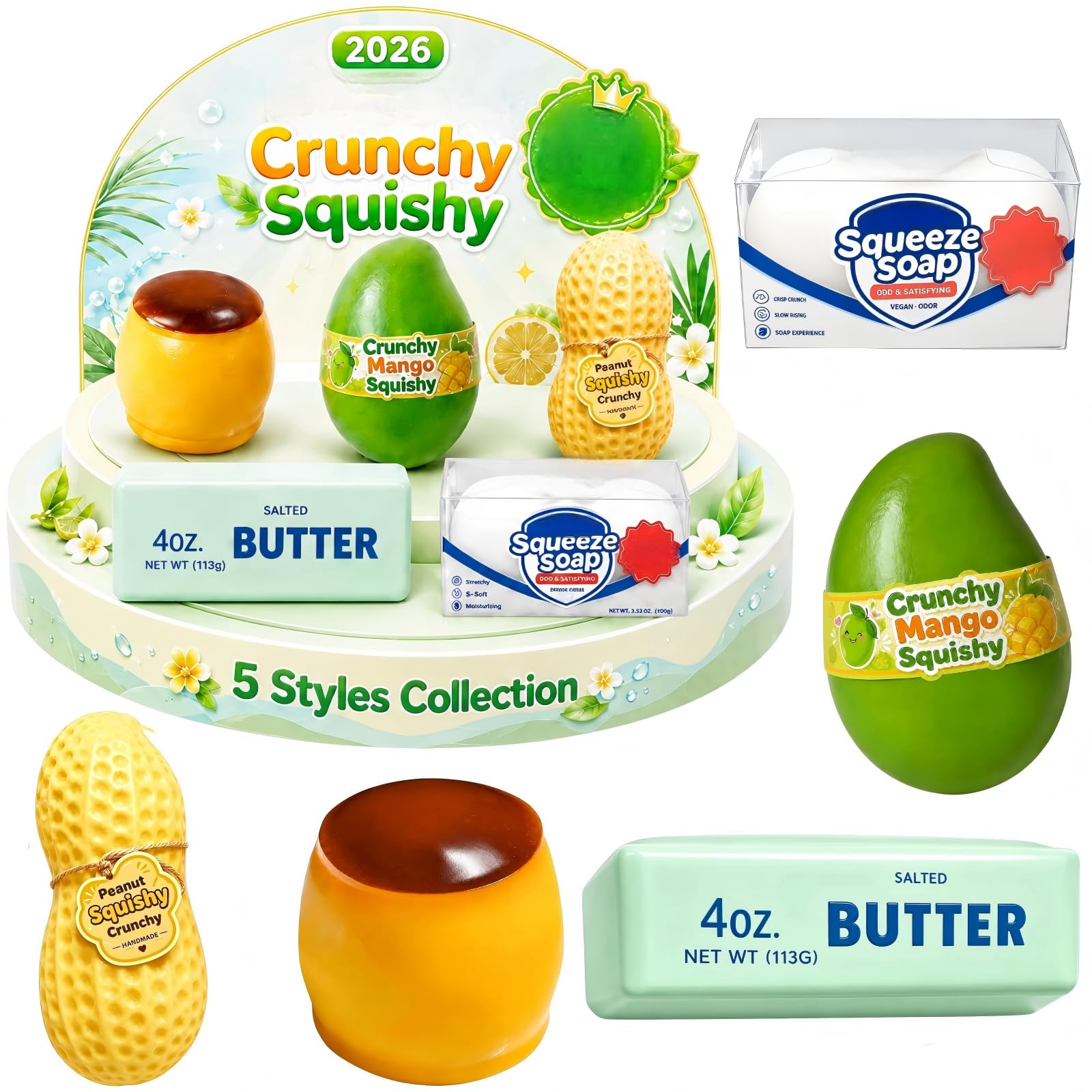 5PCS Crunchy Squishy Mango Soap Peanut Pudding Potato Stress Ball Set ASMR Bead Filled Realistic Food Shape Slushy Squeeze Fidget Squishies for Office Desk Home Travel，A