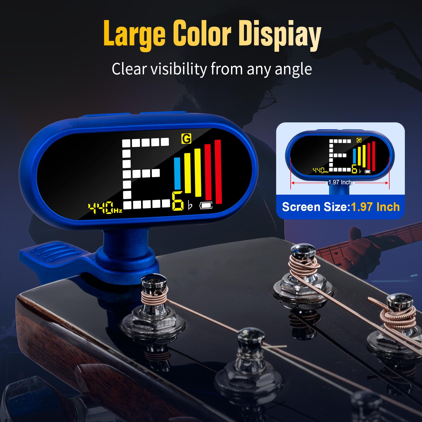 EX Accordeur chromatique professionnel rechargeable pour guitare — Accordeur rapide et ultra précis avec écran LCD couleur pour guitare acoustique, basse, ukulélé et violon, bleu