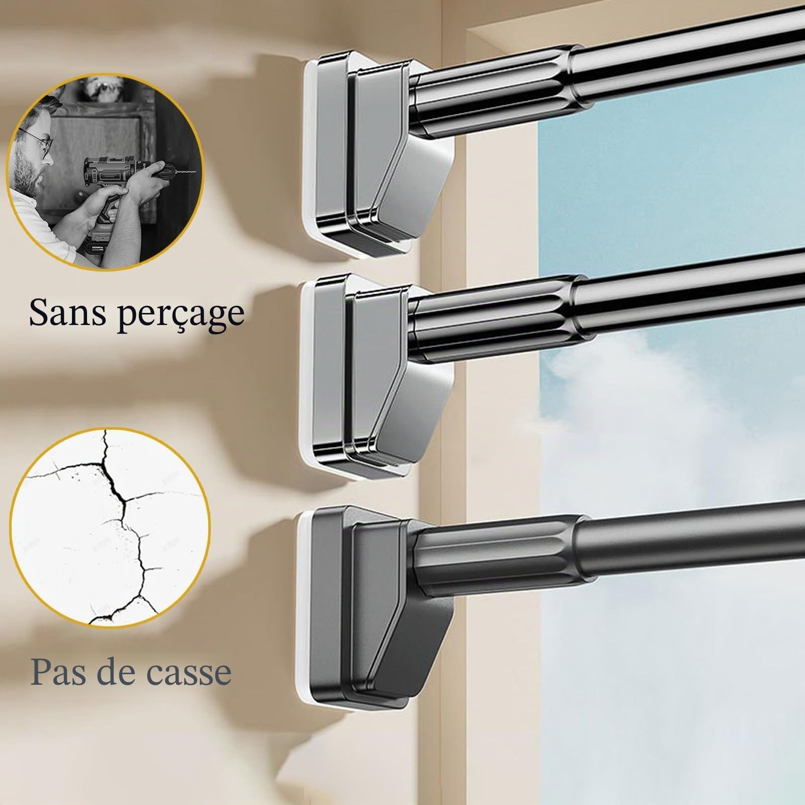 Tringle À Rideaux Sans Perçage Barre De Rideau Extensible 3m 4m 5m Tringle Rideaux En Acier Inoxydable Tringle Télescopique Pour Penderie Cintre Salle De Bains Balcon Ø 33 Mm(Gris,410-500cm)