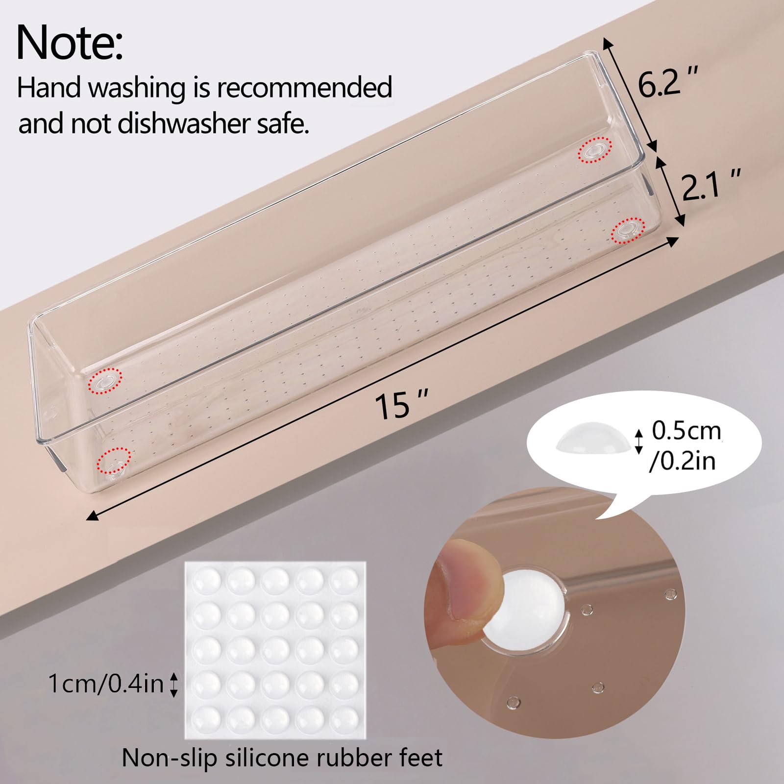 6 vassoi grandi in plastica trasparente per cassetti, 38,1 x 16 cm, con 25 cuscinetti antiscivolo per trucchi, gioielli, utensili da cucina, bagno e ufficio (38,1 x 15,2 cm)