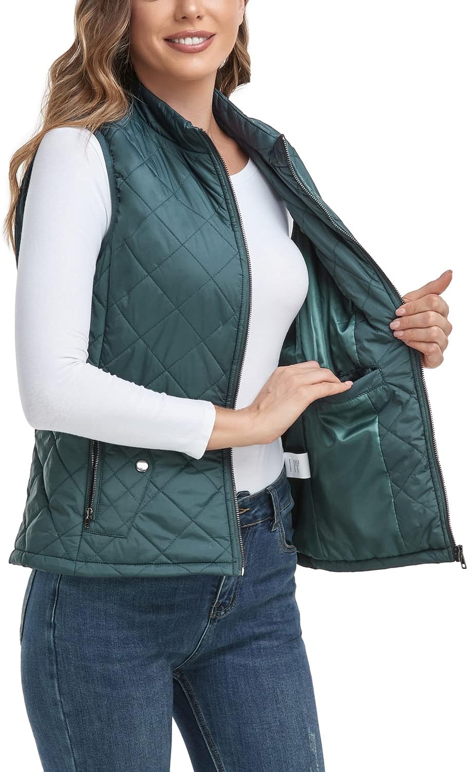 LONGKING 2025 Upgraded, Women's Outwear Vest With One Inner Pocket - Stand Collar Lightweight Zip Quilted Vest for Women