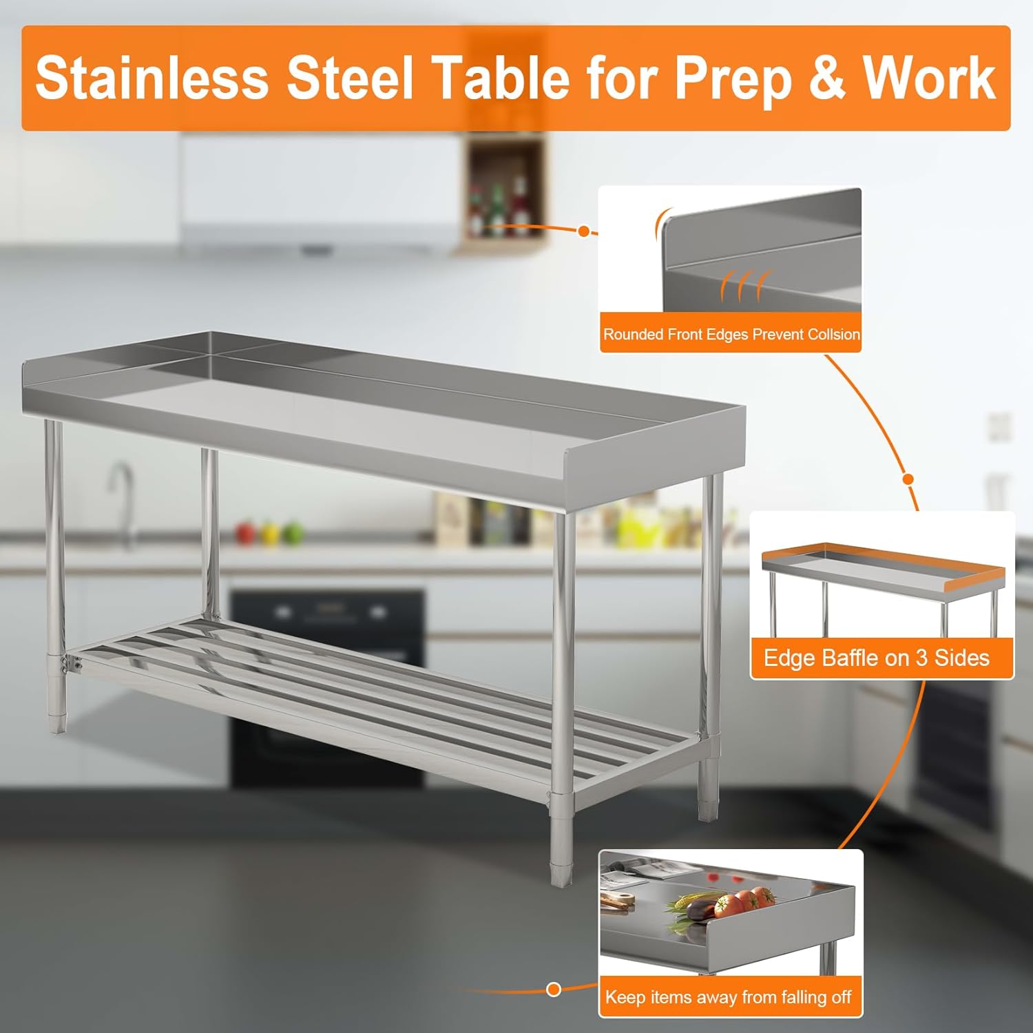 48" x 24" NSF Stainless Steel Work Table with Backsplash, Adjustable Undershelf, Heavy Duty Prep Table for Commercial Kitchen, Restaurant, Home, Hotel