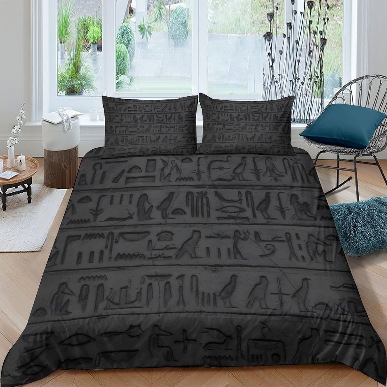 Ctjqhvkz Style-10 3D Printed Egyptian Hieroglyph Fitted Sheet Microfiber Black Art Bed Cover For Bedroom Guest Room Mattress Protection Single（135X200cm）