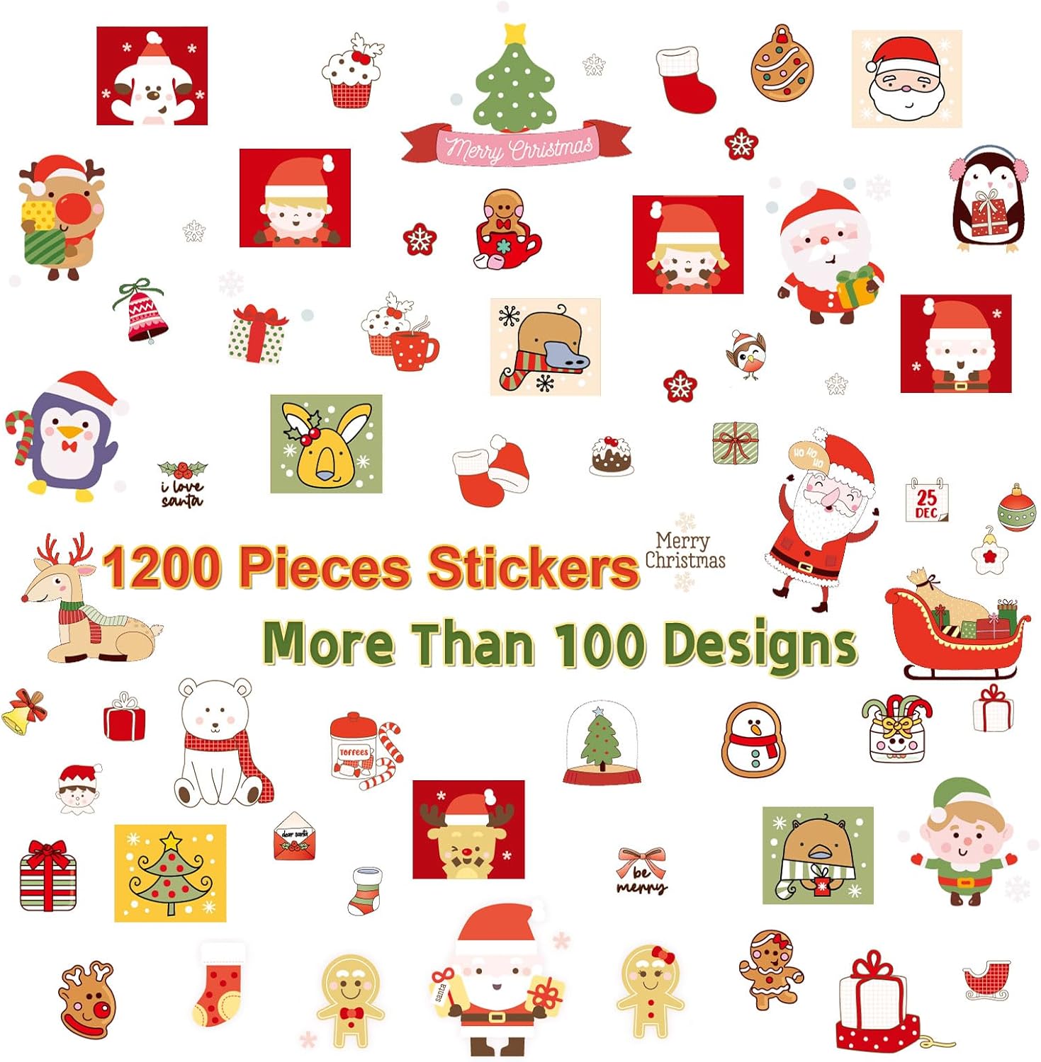 1200 Pieces Christmas Stickers, Xmas Holiday Envelopes Merry Christmas Gift Decorations, Santa Claus, Reindeer, Snowman Winter Stickers for Notebook, Bottles, Mega Sticker Pack Gift for Kids - Image 2
