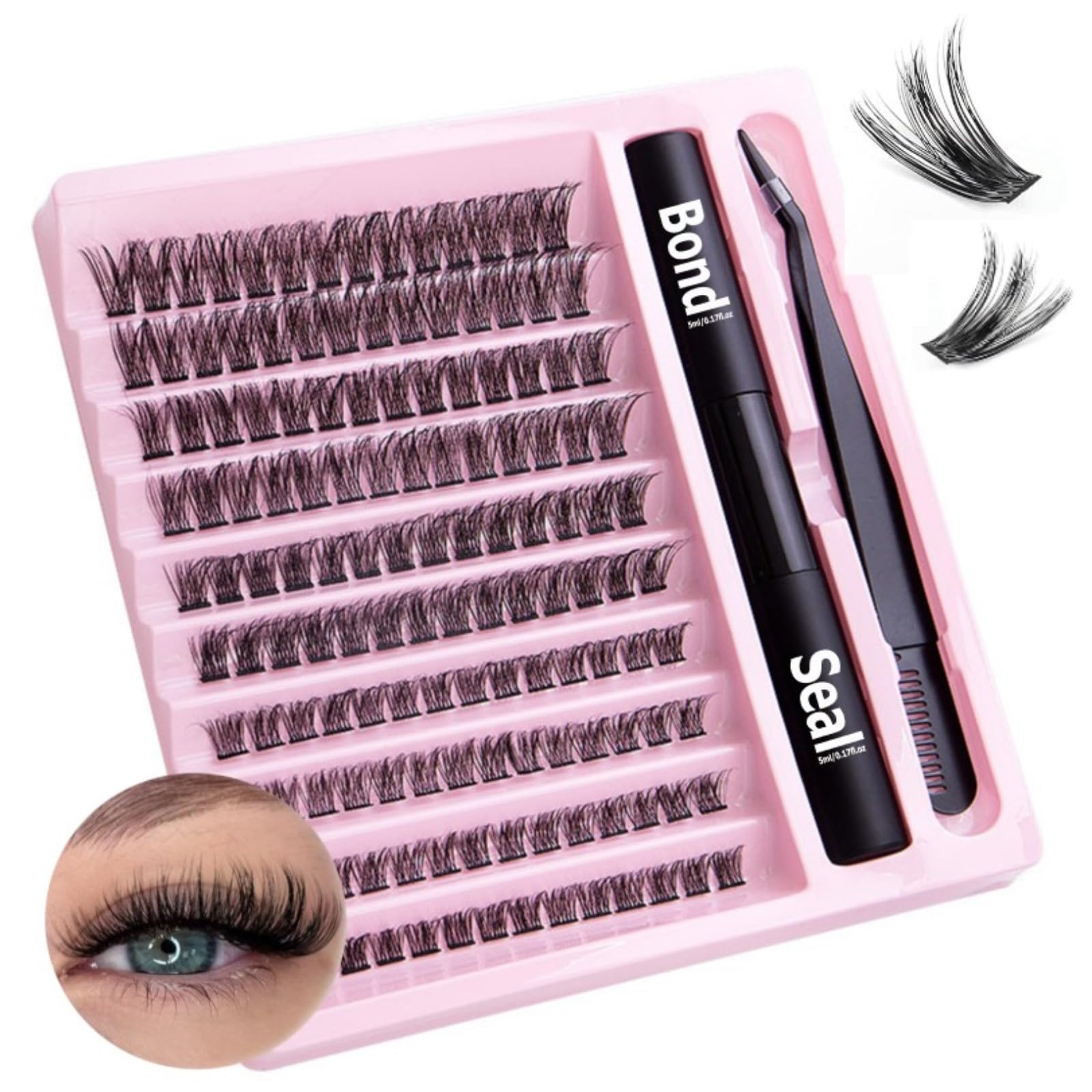 Luonaa Fluffy Individual Eyelashes Kit, 8-16mm Lash Extension Kit, Cluster Lashes, Cluster Eyelash Extensions Kit with Lash Bond and Seal, Lash Tweezers (Mix 8-16mm D Curl)
