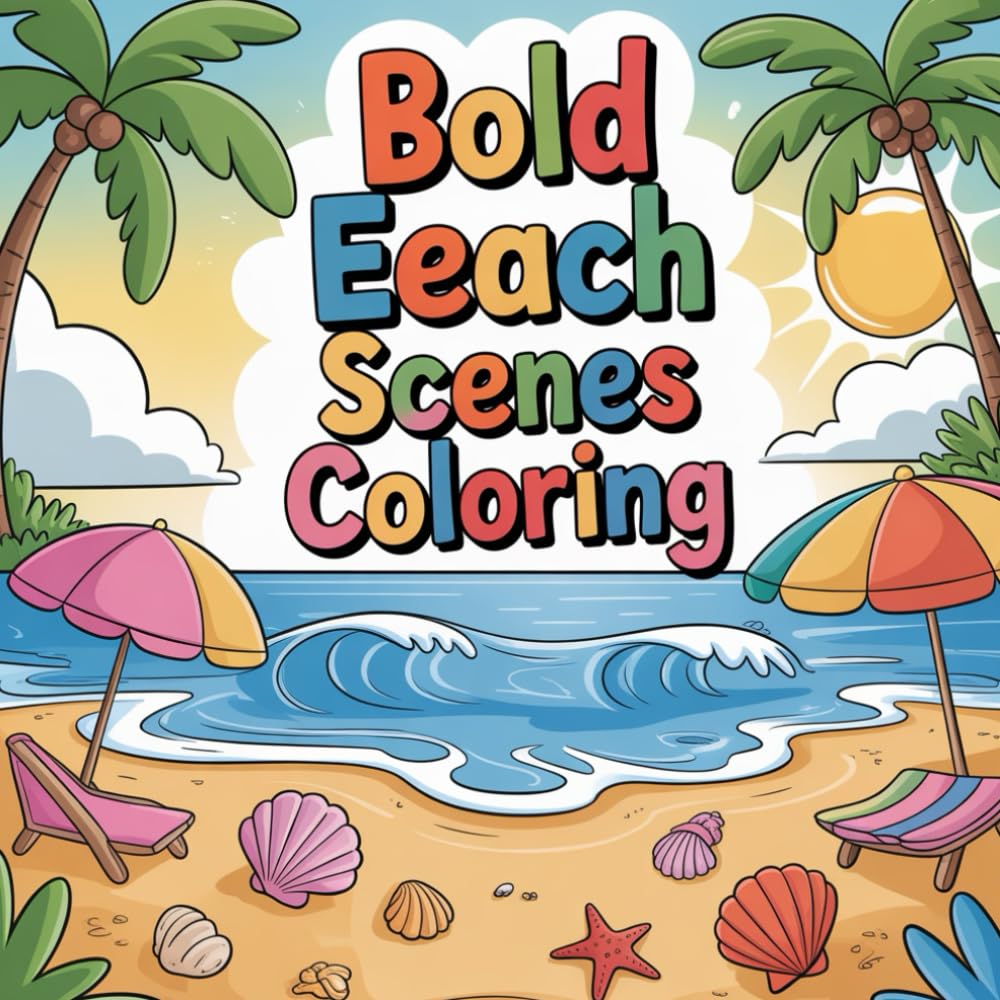 Bold Easy Beach Scenes Coloring: cute coloring book for kids, coloring book for adults, kawaii coloring book, Coloring Book for Adults and Kids, Bold and Easy